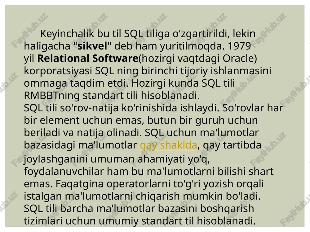 lgi mashg‘ulotlarda yaratilgan jadvallar ustida amallar bajarish. uslubiy ko`rsatmalar: sql da where operatori natijalarni filtrlash va select, insert, update yoki delete bandlarida shartlarni qo'llash uchun ishlatiladi. sql where kalit so'zi ma'lumotlarni allaqachon mavjud bo'lgan sql select so'roviga qo'shib shartli ravishda tanlash uchun ishlatiladi. where kalit so'zini jadval (lar) dan ma'lumotlarni kiritish, yangilash va o'chirish uchun ishlatilishi mumkin, ammo hozirda biz select kalit so'zidan qanday foydalanishni bilganimiz sababli, shartli ravishda olinadigan ma'lumotlarni berishda davom etamiz. : sql tilida shart ifodalarini tuzish uchun solishtirish va mantiqiy operatorlardan tashqari yana bir qator maxsus operatorlar qo‗llaniladi. bu operatorlar dasturlash tillarida mavjud emas. select ustunlar from jadval where qidirish shartlari; where ning ishlatilish xolatlari: where column_1 = 100; where column_2 in ( 1, 2, 3 ); where column_3 like 'an%'; foydalanilgan adabiyotlar: 1. https://stackoverflow.com/questions/13386894/sql-server-insert-example 2. https://studfile.net/preview/ 3. https://www.texnoman.uz/post/sql-structured image2.jpg image3.png /docprops/thumbnail.jpeg mutanast al oconiy somideg! tatu qeshi si (m) tt vekt site ru lant las …