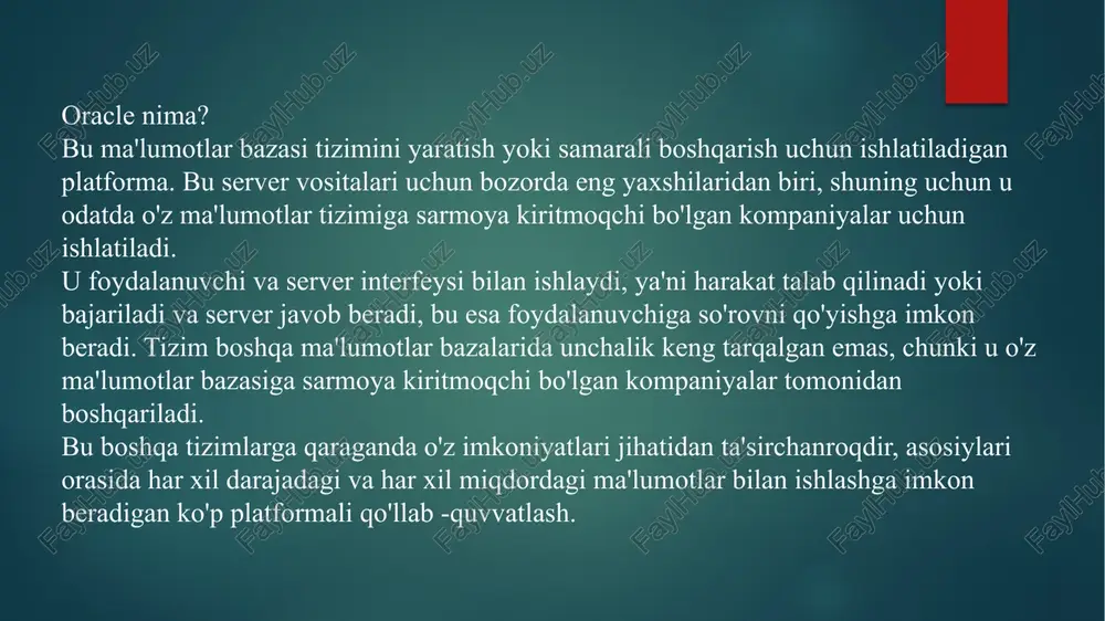 ildi. ma’lumotlar bazasi arxitekturasi reja : 1 ma‘lumotlar bazasi. 2 ma‘lumot bazasi tizimining arxitekturasi. 3 relyatsion ma‘lumot modeli. ma‘lumotlar bazasida munosabatlar. . ma’lumotlar bazasi tushunchasi.baza bu – ishlov berilmagan elementlar bolib, ularning ichiga matn, son,tasvir, audio va videolar kirishi mumkin. masalan, matn klaviaturadakiritiladi, ovoz kompyuter mikrofoni orqali, fototasvirlar raqamli kamera,video va uning ovozi esa raqamli videokamera orqali yoziladi hamdakompyuterning xotirasiga saqlanadi. ma’lumotlar deb, ma’lum bir shaklda qayd qilingan, qayta ishlash,saklash va uzatish uchun yaroqli xabarga aytiladi. ma’lumotlar bazasi deb, kompyuter xotirasida saqlanadigan bir-birigabog’liq bo’lgan bir predmet sohadagi ma’lumotlarning to’plamidir. ushbuta’rifdan quyidagi xulosalar kelib chikadi. kompyuterlar axborotlarni ma’lumotlar bazasi asosida ishlov beradi.masalan, universitetning ma’lumotlar bazasi deganda, oquv xonalari, oquvfanlari, oquv soatlari, oqituvchilar va talabalar haqidagi ma’lumotlarni ozichiga oluvchi baza tushuniladi. talaba darsga kelganda, bazani boshqaruvchimaxsus xodim. kompyuterga bir nechta elementlar kiritib, uni darsgakirishiga ruxsat beradi. maxsus xodim undan tashqari talabaning fototasvirinikompyuterga kiritish uchun raqamli kameradan ham foydalanadi. kompyuterningasosiy xotira qurimasi qattiq …