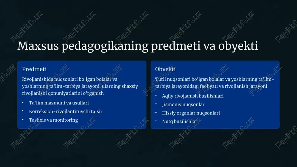 beradi. asosiy yo'nalishlar: motor ko'nikmalarni rivojlantirish kognitiv qobiliyatlarni oshirish nutq va kommunikatsiyani rivojlantirish ijtimoiy-emosional rivojlanishni qo'llab-quvvatlash oila bilan ishlash va maslahat berish muntazam mashg'ulotlar va uy vazifalarini bajarish orqali bolaning rivojlanishida sezilarli o'zgarishlar erishish mumkin. 14 xulosa va tavsiyalar fan ahamiyati maxsus pedagogika - maxsus ehtiyojlari bo'lgan bolalarning to'laqonli rivojlanishi uchun zarur ilmiy asos kompleks yondashuv muvaffaqiyat faqat turli sohalar va mutaxassislarning birgalikdagi ishi orqali erishiladi erta boshlash muhim qanchalik erta aralashsak, natija shunchalik samarali bo'ladi - bu barcha nuqsonlar uchun qoida individual yondashuv har bir bola noyob - uning ehtiyojlari va imkoniyatlariga mos dastur ishlab chiqish zarur har bir bola rivojlanish huquqiga ega va bizning vazifamiz - bu imkoniyatni ta'minlash 15 image1.png image2.png image3.png image4.png image5.png image6.png image7.png image8.png image9.png image10.png image11.png image12.png image13.png image21.png image22.png image23.png image14.png image15.png image16.png image17.png image18.png image19.png image20.png image24.png image25.png image26.png image27.png image28.png image29.png image30.png image31.png image32.png image33.png image34.png © a > a …