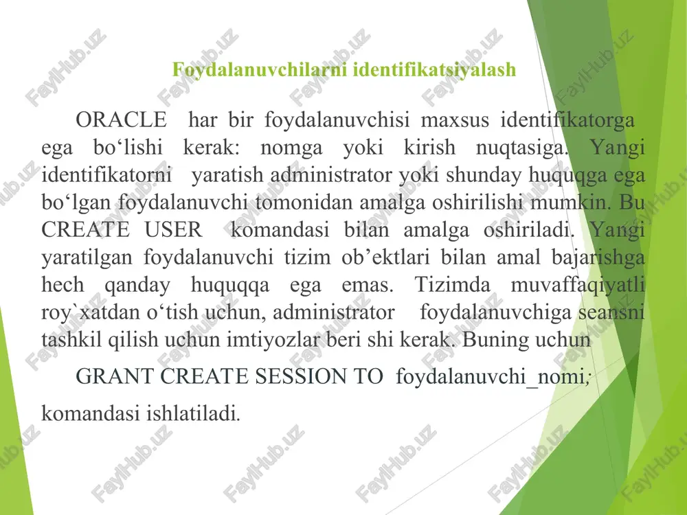 umotlar qo‘shishi mumkin. bu imtiyoz ob’ektlarni aniq elementiga ruxsat berilishini aniqlashtirishi mumkin update bu imtiyozli foydalanuvchi mos ob’ektni ma’lumotlarini modifikatsiyalashi mumkin. bu imtiyoz ob’ektlarni aniq elementiga ruxsat berilishini aniqlashtirishi mumkin misol:jadval egasi u2 foydalanuvchi, u1 foydalanuvchiga tab1 jadvalda tanlash, qo‘shish va modifikatsiyalash uchun imtiyozlar beradi. faraz qilaylik tab1 jadval kuyidagicha tashkil qilingan. create table tab1 (atl number); ko‘rsatib o‘tilgan amallarni bajarish muvaffaqiyatli o‘tadi. lekin u1 foydalanuvchini satrni olib tashlash amalni bajarishga urinishi tizim tomonidan bekor qilinadi. misol sql> connect u2/u2psw@educ; connected. sql> grant select, insert, update on tabl to ul; grant succeeded. sql> connect u1/u1psw@educ,- connected. sql> insert into u2.tabl values (123); 1 row created. sql> select * from u2.tabl; at1 --------- 123 sql> update u2.tabl set atl = 345; 1 row updated. sql> select * from u2.tabl; ati --------- 345 misol sql> delete from u2.tabl; delete from u2.tabl * error at line 1: ora-01031: insufficient privileges oracle va net …