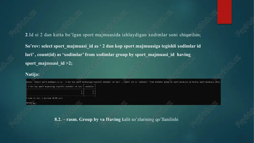 m. murabbiylar jadvalidagi ma’lumotlarni ko’rish 2. bu ikki jadvalni union yordamida birlashtiramiz. so`rov: select * from xodimlar; union select * from murabbiylar; natija: 9.6 – rasm. xodimlar va murabbiylar jadvallarini union operatori orqali birlashtirish natijasi 3. bu ikki jadvalni union all yordamida birlashtiramiz. so`rov: select * from xodimlar union all select * from murabbiylar; natija: 9.7 – rasm. xodimlar va murabbiylar jadvallarini union all operatori orqali birlashtirish natijasi 4. intersect yordamida jadvallar kesishmasini topamiz; so`rov: select *from xodimlar intersect select *from murabbiylar; natija: 9.8 – rasm. xodimlar va murabbiylar jadvallarini inresect operatori qo’llanilishi natijasi 5. minus yordamida 1-jadvalimizdan ikkinchisini ayirish amalini bajaramiz: select *from xodimlar minus select *select murabbiylar; 10 - laboratoriya ishi mavzu: standart funksiyalardan foydalanib so‘rovlar yaratish ishdan maqsad: berilgan predmet soha ma`lumotlar bazasidan foydalanib standart funksiyalardan foydalanib so‘rovlar yaratishni o`rganish. masalani qo`yilishi: predmet soha ma`lumotlar bazasi shakllantirilgandan so`ng ob`yektlardagi ma`lumotlar ustida o`zgartirishlar qilish uchun standart funksiyalardan foydalanib …