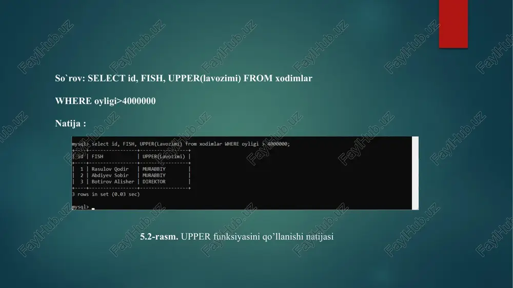 natija: 7.4–rasm. order by kalit so’zining desc bilan qo’llanilishi image6.png image7.png image8.png image9.png image10.png image11.png image12.png image13.png image14.png image15.png image16.png image17.png image18.png image19.png image20.png image21.png image22.png image23.png image24.png image25.png image26.png image27.png image28.png image29.png image30.png image31.png image32.png image33.png image2.png image3.png image4.png image5.png \mysql.ex | fish | varchar(5@) | no | | nu ] | lavozimi | varchar(3@) | no | | null | | | yosh | int(a1) [no | [nut | | | staji | varchar(20) | no | | null | | | oyligi | int(11) [no | | nur | | . 6 rows in set (0.05 sec) mysql> insert into xodimlar(id, fish, lavozimi, yosh, staji, oyligi) values(1, ‘rasulov qodir', ‘murabbiy’, 36, ‘16 yil’ , 7000000), -> (2, "abdiyev sobir', ‘murabbiy’, 34, ‘14 yil', 8000000), -> (3, "botirov alisher’, ‘direktor’, 40, ‘19 yil‘, 10000000), -> (4, "qurbonova ibodat’, ‘farrosh’, 38, ‘12 yil', 3000000), -> (5, "berdiyev laziz’, ‘qorovul’, …