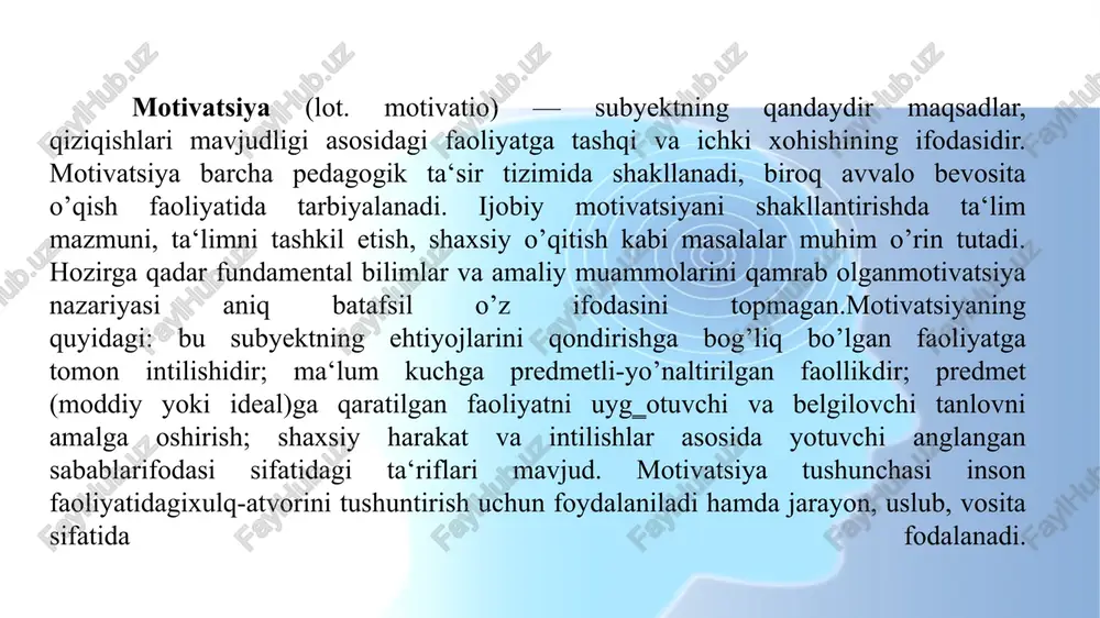 ayta boshlaydi. tasodifan odamlar davrasidan chiqib. o‘smirlik davrining alohida vaziyati uning nomlarida ifodalanadi: «o’tish», «keskin o’zgaruvchan», «mushkul», «tanqidiy». ularda bu yoshda sodir bo’ladigan rivojlanish jarayonlarining murakkab va muhimligi qayd etilgan. bu hayotning bir davridan boshqasiga o’tish bilan bog’liq. inson rivojlanishining barcha yo’nalishlari bo’yicha (jismoniy, aqliy, ruhiy, axloqiy, ijtimoiy) katta sifat va miqdoriy o’zgarishlar ro’y beradi. o’smir shaxsi rivojlanishning muhim omili – uning shaxsiy faolligi – shaxsiyat, o’zini e‘tirof etish va aniqlash jarayoni faol kechadi – biroq bu jarayon bir tekis emas. o‘quv motivlari. psixologiya fanida shaxsni aqliy, amaliy harakatga va xulq atvorini amalga oshirishga undovchi, muayyan ehtiyojlarni qondirish bilan uzviy bog’liq sababiyat motivlar deb ataladi. ta‘rifdan ko’rinib turibdiki, ularning asosiy funksiyasi insonni harakatga, xulq-atvorni amalga oshirishga undovchi sabablar (omillar), ichki turtkilar vazifasini o’tashdan iboratdir. bu holatni o’quv faoliyatiga ko’chirish uchun quyidagi voqelikni izohlab berish ayni muddaodir. bunday aniq voqelik har qanday maktab,kollej, akdemik litsey, oliy ta‘lim tizimida yuz berib turadi. …