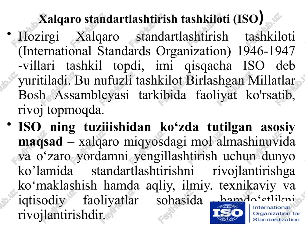 lishidir iso 19011 atrof-muhitni boshqarish tizimi va sifat menejmenti tizimi auditini o‘tkazish bo‘yicha rahbariy qo‘llanmani o‘zida namoyon qiluvchi universal standartini ham qo‘shish mumkin. iso 9000 standartiga ko‘ra sifatni boshqarish tizimlari – tashkilot yoki korxonaning sifat sohasidagi siyosati va maqsadlarini, shuningdek bu maqsadlarga erishish uchun zarur bo‘lgan yo‘nalishlarni belgilagan holda, tadbirlar ishlab chiqish, yetarli darajada resurslar bilan ta’minlanishi va rahbarlik qilish uchun boshqarish tizimidir. image1.png international organization for standardization /docprops/thumbnail.jpeg 1, nalgaro standartlashtirishtashlsloti so) 2. iso seryasining standartlar tabi