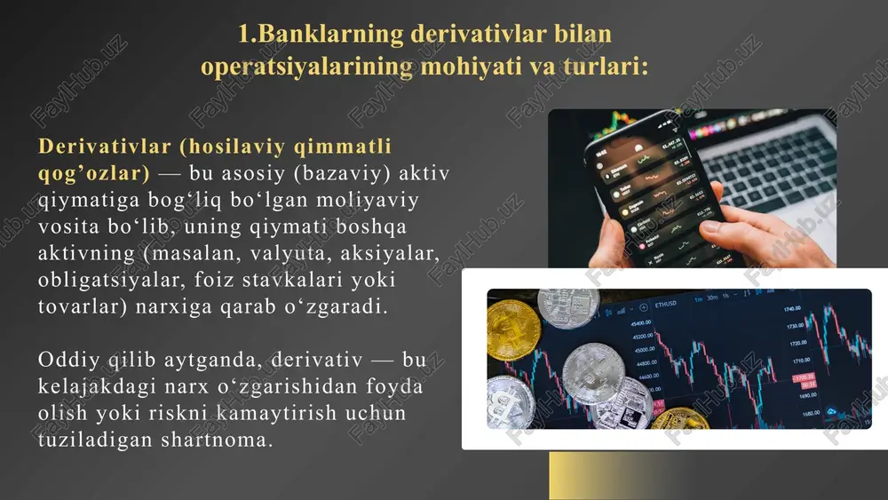 qayta olish orqali foyda topish strategiyasidir. bunda foyda yuqori bo’lgani bilan risk xavfi ham yuqori. arbitraj — bu bir xil aktivning turli bozorlardagi narx farqidan foyda olish maqsadida amalga oshiriladigan operatsiyadir. 🔹 boshqacha aytganda, arbitraj — bu bir aktivni arzon bozorida sotib olib, qimmat bozorida darhol sotish orqali tavakkalsiz foyda olish usulidir. likvidlikni boshqarishdagi roli: bank balansidagi aktiv va majburiyatlarning muddatini muvofiqlashtirish uchun derivativlardan (fyuchers, svop, opsion va boshqalar) foydalaniladi. bu orqali naqd pul oqimlari barqarorlashadi va likvidlik xavfi kamayadi. derivativlar bozor tavakkalchiligini kamaytirib, bankka o‘z vaqtida to‘lovlarni amalga oshirish imkonini beradi. natijada, bankning moliyaviy barqarorligi va ishonchliligi ortadi. amaliy misollar sifatida, banklar valyuta kurslaridagi o'zgarishlarga qarshi himoya qilish uchun valyuta variantlarini sotib oladilar. bu strategiyalar yordamida moliyaviy barqarorlikni ta'minlash va zararlarni cheklash mumkin. shuningdek, strategiyalarning mosligini baholash va to'g'ri instrumentlarni tanlash muhimdir. derivativlar yordamida risklarni boshqarish muhim bo'lib, ular portfel risklarini kamaytirishga yordam beradi. masalan, valyuta va foiz stavkasi …