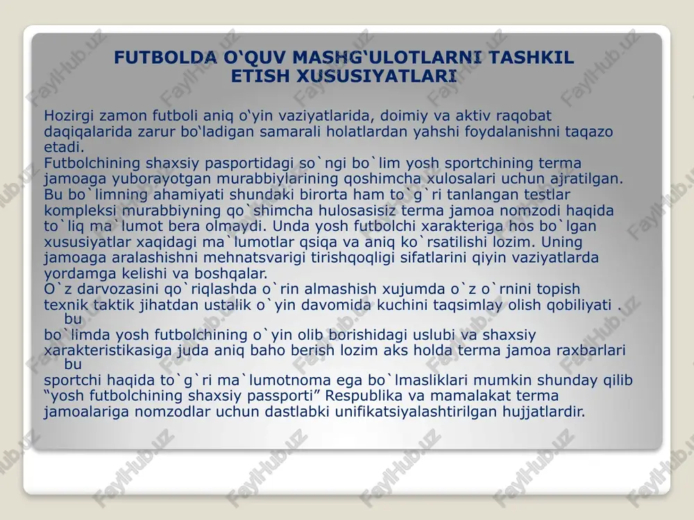 rt maktablarida o‘quv mashg‘ulot jarayonini tashkil qilish mashg‘ulotning zamonaviy uslubiyati asosida, futbolchilarning yuqori mashg‘ulot yuklamalarini o‘zlashtirish orqali amalga oshiriladi. sport maktablariga quyidagi vazifalar yuklanadi: -o‘quv rejasini bajarish shartligi; amaliy va nazariy mashg‘ulotlarni uzluksiz bajarish; yosh futbolchilarni tanlash tizimini yahshi tashkil qilish; -musobaqalarda muntazam ishtirok etish; tiklanish, profilaktik tadbirlarni amalgam oshirish; yo‘riqchi va hakamlik amaliyotini o‘tash; sport maktablaridagi bo‘limlar boshlang‘ich tayorlov va o‘quv-mashg‘ulot guruhlaridan shakllanadi. sport tayyorgarligida tuqori natijalarga erishilgan va zarur sharoitlar yaratilgan bolalar va o‘smirlar sport maktablarida sportni takomillashtirish guruhlari tashkil qilinadi. o‘zbekiston respublikasi halq ta’limi vazirligi qoshidagi bolalar va o‘smirlar sport maktablari quyidagi yoshlarni hisobga olib shakllanadi 8-9, 10-11, 12-13, 16- 17 yosh. bolalar va o‘smirlar sport maktabi va ori bolalar va o‘smirlar sport maktablari vazifalariga tayanib, o‘quv gurularining asosiy vazifasi belgilanadi. boshlang‘ich tayyorgarlik guruhlari: futbol bo‘yicha bolalar va o‘smirlar sport maktablari dastiridagi umumiy jismoniy tayyorgarlik bo‘limi asosida shug‘ullanuvchilarning har tomonlama jismoniy tayyorgarligini ta’minlash, futbol bilan muntazam shug‘ullanishga …
