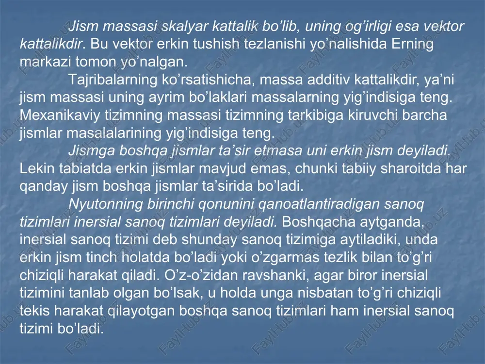 atishicha shakllari bir xil, massalari esa m 1 va m 2 bo’lgan jismlarning har biriga bir xil tashqi kuch bilan ta’sir etsak, ular olgan tezlanishlar ( 1 va  2 ) mazkur jismlarning massalariga teskari mutanosibdir, ya’ni   1 2 2 1  m m har qanday jismning massasi etalon sifatida qabul qilingan jism massasi bilan taqqoslash orqali o’lchanadi. bu usulda jismlarning erkin tushish qonuniyatidan foydalanil adi. erkin tushish esa jismlarga er tortish kuchi ta’sirining natijasidir. er yuzining har bir nuqtasi uchun jismlarning erkin tushishidagi tezlanishi o’zgarmas kattalik bo’lib, g ga teng va massasi m bo’lgan jismga r = mg kattalikdagi kuch ta’sir etadi. tarozi pallasiga qo’yilgan jism pallani og’irlik kuchiga teng kuch bilan bosadi. shu tufayli ikki jism massalarining nisbati ular og’irliklarining nisbati kabidir: m m 1 2 1 2    sistemaga qo’yilgan kuchlarning teng ta’sir etuvchisi nolga teng bo’lganda, jism olgan tezlanish xam nolga teng …