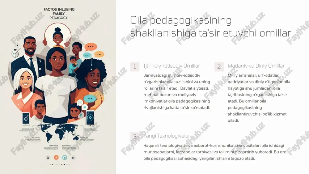 unosabatlar, ota-onalar va farzandlar o'rtasidagi o'zaro ta'sirni o'rgandilar. ilmiy konferensiyalar oila pedagogikasi bo'yicha yetakchi olimlar tomonidan ilmiy konferensiyalar tashkil etildi. bu tadbirlar tadqiqot natijalari va xulosalarini muhokama qilish uchun muhim platforma bo'ldi. 9 oila pedagogikasi fanini o'qitishning dolzarb muammolari samaradorlikning past bo'lishi oila pedagogikasi darslarining samaradorligi ko'pgina hollarda past bo'lib qolmoqda. bu esa o'quvchilarning bilim va ko'nikmalarini shakllantirishda qiyinchiliklarni keltirib chiqarmoqda. zamonaviy yondashuvlarning yetishmasligi oila pedagogikasi o'qitilayotgan mavzular va o'quv dasturlarida zamonaviy yondashuvlar yetarli emas. bu esa mavzularni chuqur o'rganish va amaliy qo'llanma yuzasidan muammolarni keltirib chiqarmoqda. ustozlar malakasining yetarli emasligi oila pedagogikasi fani o'qituvchilarining bu sohada yetarli malaka va tajribaga ega emasligilari ham dolzarb muammolardan biri hisoblanadi. 10 oila pedagogikasi fanini modernizatsiya qilish yo'llari 1 ta'lim dasturlarini yangilash oila pedagogikasi ta'lim dasturlarini zamonaviy talablarga muvofiq yangilash 2 innovatsion texnologiyalarni joriy etish masofaviy ta'lim, multimedia, virtual va qo'shilgan haqiqat texnologiyalarini qo'llash 3 kompetensiyaviy yondashuv kompetensiyalarga asoslangan ta'lim berish orqali amaliy …