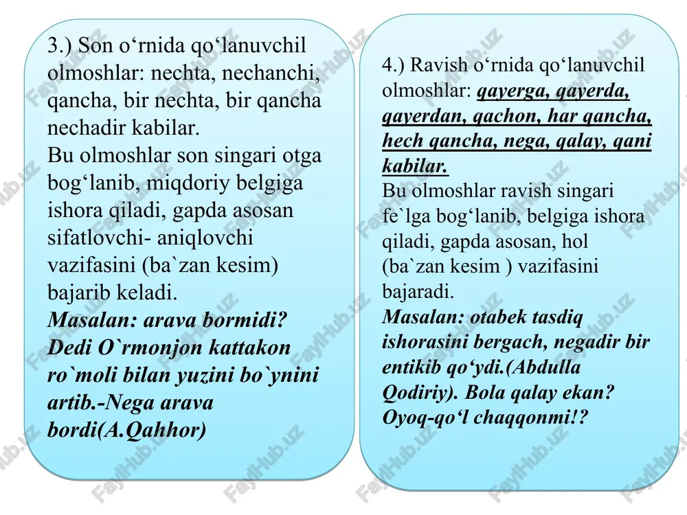 shi mavjud, ammo noaniq, noma`lum bo‘lgan shaxs, predmet, belgi, miqdorni ifodalaydi. gumon olmoshi quyidagicha yasaladi: 1.so`roq olmoshi -dir qo`shimchasini qo`shish bilan :kimdir, nimadir, qandaydir, qanchadir kabi. 2.so`roq olmoshlari narsa so`zi oldiga -alla elementi qo`shish orqali: allakim, allanarsa, allanima, allaqanday kabi. 3.so`roq olmoshi yoki narsa so`zidan oldin bir so`zini keltirish orqali :bir necha, bir qancha, bir nima, bir narsa kabi belgilash olmoshi qaysi so`roq olmoshidan so`ng bir so`zini keltirish bilan ham yasaladi: qaysi bir, ba’zi bir. 4.bir so`ziga -ov, -on, -or qo`shilishi bilan yasaladi: birov, biron, biror kabi. olmoshlarning tuzilish jihatdan turlari olmoshlar tuzilish jihatdan 3-xil: sodda olmoshlar qo`shma olmoshlar juft olmoshlar sodda olmoshlar bir o`zak morfemadan iborat bo‘ladi: men, sen, kim, nima, hammma, ba’zi kabi. qo`shma olmoshlar ikki o`zak morfemaning qo`shilishi yoki birikuvidan hosil bo‘ladi: mana shu, ana u , har qanday, hech kim kabi. juft olmoshlar ikki olmoshning o`zaro teng bog‘lanishidan tuziladi: sen-men, u-bu, siz-biz . mashq. o‘qing. kishilik …