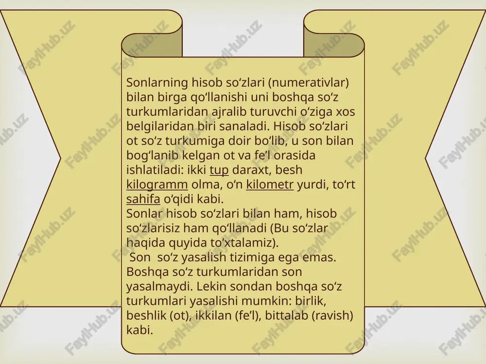 ona son miqdor son negiziga –ta affiksini qo‘shish bilan yasaladi: o‘nta o‘quvchi, beshta daftar kabi. shuningdek, dona son miqdor sondan so‘ng donalikni ifodalaydigan dona, tup, nusxa, nafar, tuyoq, bosh kabi hisob so‘zlarini keltirish bilan hosil qilinadi: yuz nusxa kitob, ikki bosh qo‘y, besh dona qalam, uch tup daraxt kabi.  miqdor songa –ala affiksini qo‘shish bilan yasaladi: ikala, uchala, to‘rtala, beshala kabi. olti va etti sonlariga ham qo‘shiladi. (ikki va olti sonlariga qo‘shilganda negiz oxiridagi i unlisi tushib qoladi). to‘shaboy ikala otni jilovidan ushlab tolning naryog‘iga olib o‘tib ketdi (s.ahmad). 3. miqdor songa –ovlon affiksini qo‘shish bilan yasaladi: ikkovlon, uchovlon. bu affiks ham ikkidan ettigacha bo‘lgan sonlarga qo‘shiladi: oltovlon ola bo‘lsa og‘zidagin oldirar, to‘rtovlon tugal bo‘lsa tepadagin endirar (maqol). otga bog‘lanib kelgan jamlovchi son sifatlovchi aniqlovchi vazifasida keladi: haqiqat uchun, vatan uchun jonini ayamagan ikala pahlavon sal o‘tmay jangda mardona halok bo‘ldi. (shukrullo) lekin jamlovchi son gapda ko‘pincha ega, to‘ldiruvchi, …
