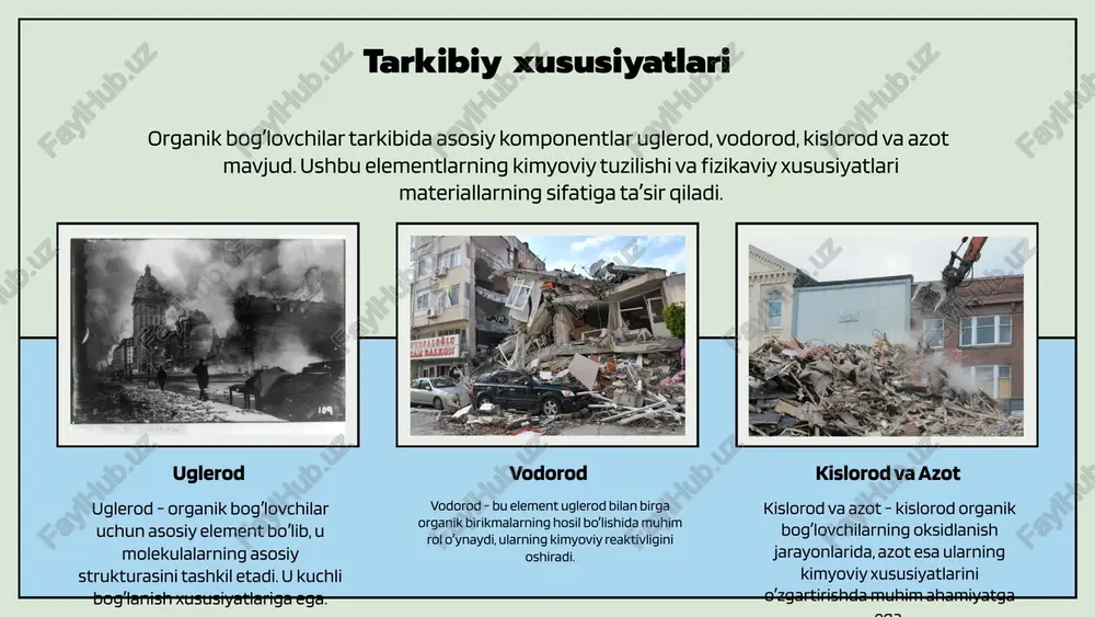 i ushlab turish qobiliyatini oshiradi. bu, o'z navbatida, qishloq xo'jaligi mahsuldorligini oshiradi. biologik xilma-xillikni saqlash energiya tejamkorligi tuproq sifatining yaxshilanishi organik bog'lovchilar asosida ishlab chiqilgan bir nechta muvaffaqiyatli materiallar mavjud. masalan, polimerlar va bio-bog'lovchilar qishloq xo'jaligida muvaffaqiyatli qo'llaniladi. tadqiqotlar shuni ko'rsatdiki, organik bog'lovchilar asosidagi materiallar ishlab chiqarishda ko'plab afzalliklarga ega bo'lib, ularning muhim natijalari ekologik barqarorlik va iqtisodiy samaradorlikka ta'sir qiladi. statistik ma'lumotlar organik materiallarning sifatini va xavfsizligini tasdiqlaydi. muvaffaqiyatli misollar tadqiqotlar va statistik ma'lumotlar olingan natijalar, organik bog'lovchilarni qo'llash orqali materiallarning kuchini va barqarorligini oshirishga imkon beradi, bu esa sanoatdagi amaliy ahamiyatini oshiradi. misollar va natijalar xulosa organik bog'lovchilar kimyoviy birikmalar bo'lib, boshqa moddalarga bog'lanish vazifasini bajaradi. ular qurilish materiallarida keng qo'llaniladi. ekologik ahamiyatga ega va barqarorlikni qo'llab-quvvatlaydi. innovatsion loyihalar natijalari amaliy ahamiyatga ega. ular kimyo va tibbiyotda ham muhim. organik bog'lovchilar, asosan, turli sohalarda, xususan, qurilish va kimyo sanoatida keng qo'llaniladi. ular barqaror rivojlanish tamoyillarini qo'llab-quvvatlaydi va ekologik …