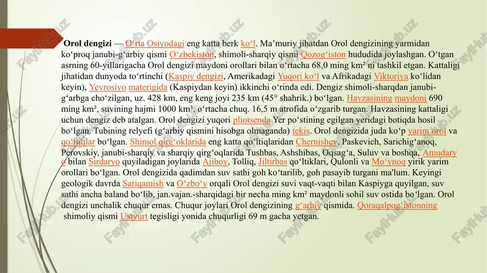 q aholi yashaydigan hududda „orol fojiasi“ deb atalgan global ekologik halokatni paydo qildi. orol dengizi oʻrnida paydo boʻlgan orolqum mayda tuz va tuproq zarrachalari bilan qoplangan. shamol esganida tuz va tuproq zarrachalaridan iborat chang havoga koʻtarilib, uzoq masofalarga tarqaladi. ayrim maʼlumotlarga qaraganda qoraqalpogʻiston respublikasidagi sugʻoriladigan maydonlarning har gektariga bir yil davomida 250 kg, ayrim hududlarda 500 kg gacha tuzli chang yogʻiladi. qurigan dengiz tubidan bir yil davomida 15 mln dan 75 mln tonnagacha chang koʻtarilishi mumkin. tuzli chang toʻfonlarning kengligi 40 km ga; uzunligi 400 km ga etadi. tuzli chang orolqumdan oʻnlab, hatto yuzlab km masofaga tarqalib, tabiiy oʻtloqlar, vohalardagi ekinlar, bogʻlar, shaharlar va qishloqlar ustiga yogʻiladi. orol changi hatto tyanshan va pomir togʻlari choʻqqilaridagi muzliklarga ham etib borib, u yerdagi muzliklarning erishini tezlashtirib yuborgan. choʻllanish va shoʻrlanishning tezlashuvi oqibatida soʻnggi yillarda 50 ming gektarga yaqin ekin maydoni qishloq xoʻjaligida foydalanishga yaroqsiz boʻlib qoldi. noqulay ekologik vaziyat qishloq xoʻjalik ekinlari …