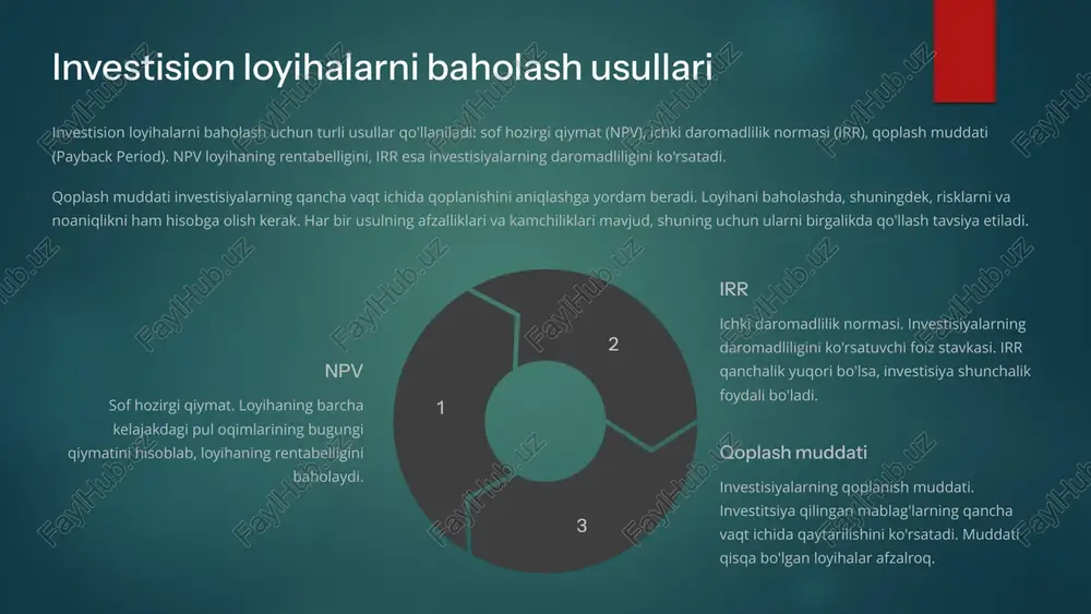 davlat subsidiyalari bo'lishi mumkin. o'z mablag'lari korxona uchun eng arzon va qulay manba hisoblanadi, chunki foiz to'lovlari yo'q, lekin ular har doim ham yetarli bo'lmasligi mumkin, ayniqsa yirik investision loyihalar uchun. kreditlar va obligatsiyalar korxonaga katta miqdordagi mablag'larni jalb qilish imkonini beradi, lekin ular foiz to'lovlarini talab qiladi va korxonaning qarz yukini oshirishi mumkin. obligatsiyalar, odatda, kreditlarga nisbatan uzoqroq muddatga beriladi. aktsiyalar korxonaning ustav kapitalini oshirish imkonini beradi va qarz yukini oshirmaydi, lekin bu aktsiyadorlar o'rtasida foydani taqsimlashni anglatadi va korxona egalarining nazoratini susaytirishi mumkin. davlat subsidiyalari esa, odatda, muayyan shartlar asosida beriladi va ularni olish uchun raqobat yuqori bo'lishi mumkin. o'z mablag'lari korxonaning foydasi va amortizatsiya ajratmalari hisobidan moliyalashtirish. kreditlar banklar va boshqa moliyaviy institutlardan olingan qarz mablag'lari. obligatsiyalar korxona tomonidan chiqarilgan qimmatli qog'ozlar orqali moliyalashtirish. aktsiyalar korxonaning ustav kapitaliga aktsiyalarni sotish orqali investitsiyalarni jalb qilish. 5 korxonalarning investision strategiyalari korxonalarning investision strategiyalari ularning maqsadlariga, resurslariga va risklarga bo'lgan …