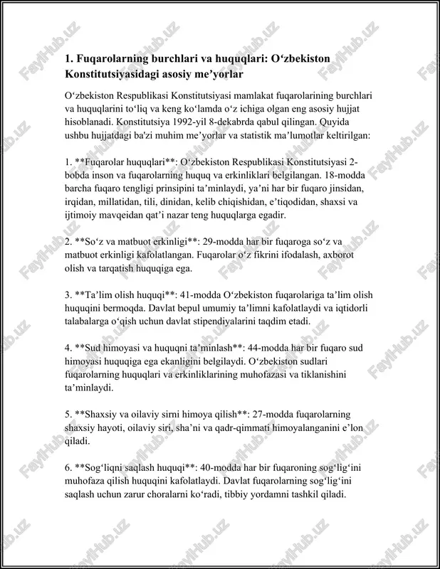 alga oshirishda muhim ahamiyatga egadir. o‘z navbatida bu iqtisodiyotda barqarorlikni saqlash va ijtimoiy taraqqiyotni rag‘batlantirishga yordam beradi. ma'lumotlarga ko‘ra, o‘zbekistonda turli turdagi soliqlar mavjud, ular orasida daromad solig‘i, qo‘shimcha qiymat solig‘i, aksiz soliqlari, mulk solig‘i va boshqalar mavjud. ushbu soliqlar davlat budjetining turli yo‘nalishlari bo‘yicha sarflanadi. masalan, o‘tgan yili qariyb 20 trillion so‘m ta’lim tizimini rivojlantirish uchun yo‘naltirilgan. bu esa kelajakda malakali kadrlar tayyorlashga xizmat qiladi. shunday qilib, soliq to‘lash burchi fuqarolar va korxonalar uchun muhim ijtimoiy-iqtisodiy ahamiyatga ega. ushbu burch davlatning barqarorligini ta'minlashda va aholini turli ijtimoiy xizmatlar bilan ta’minlashda asosiy manba hisoblanadi. bu orqali davlat iqtisodiy o‘sishni rag‘batlantiradi va aholining farovonligini oshirish uchun zarur shart-sharoitlarni yaratadi. 3. vatan himoyasi va majburiy harbiy xizmat: fuqarolarning burchlari vatan himoyasi va majburiy harbiy xizmat har bir davlatning xavfsizligini ta'minlashda muhim ahamiyat kasb etadi. har bir fuqaro uchun vatan oldidagi burchlarini bajarishning asosiy shakllaridan biri majburiy harbiy xizmatdir. keyingi ma'lumotlar o'zbekiston va …