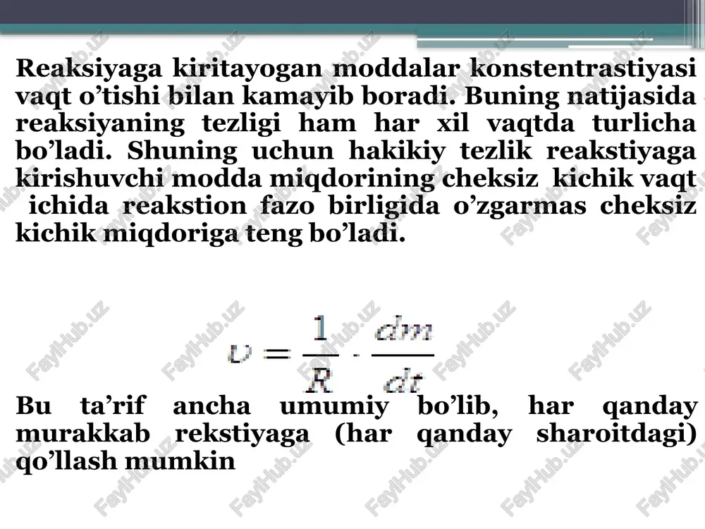irilgan va bir bosqichda boradigan reaksiyalarkam uchraydi. ko’pincha reaksiyalar oldinma-ketin yoki yonma-yon boradi. bunday reaksiyalarga murakkab reakstiyalar deyiladi. murakkab reaksiyalardagi oddiy reaksiyalar yonma-yon borayotgan bo’lsa, bu murakkab reaksiyalarning umumiy tezligi oddiy reaksiyalar tezliklarining algebraik yig’indisiga, agar ketma-ket borayotgan bo’lsa, eng sekin borayotgan reaksiya tezligiga teng. ba’zi murakkab reaksiyalarni ko’ramiz. qaytar reaksiyalar. bu xil reaksiyalarni umumiy tarzda quyidagicha ifodalash mumkin bunday reaksiyalarning umumiy tezligi bu erda k1 – to’=ri reaksiyaning tezlik konstantasi, k2 – teskari reaksiyaning tezlik konstantasi. reaksiya uchun dastlab v hajmda a moddadan a mol va v moddadan v mol olingan deb faraz qilaylik: t vaqt o’tgandan keyin amoddaning x moli reaksiyaga kirishsin. bu vaqtda a moddadan (a-x) mol qoladi va v moddaning miqdori (vx) molga teng bo’ladi. demak a moddaning reaksiyaga kirishgan tezligi (v hajmda) yoki agar k1a-k2bk1k2yka-bk1 deb belgilasak ( bu erda kk1k2) bo’ladi. integrallansa dxdt(k1k2)(y-x) k1k21t ln yy-x reaksiya muvozanat holatga kelganida bu erda k-muvozanat kostantasi …