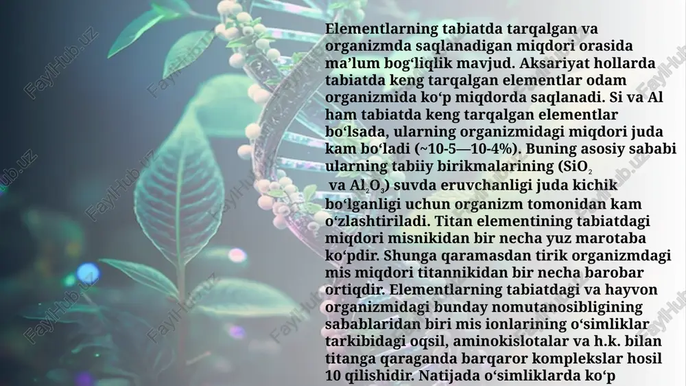 rtli hisoblanadi. bunga sabab inson yashayotgan atrof-muhitdagi elementlarning miqdor ulushlarining farqidir. masalan muhitda nikel miqdori ortiq bo‘lsa, uning organizmidagi ulushi ham yuqori bo‘ladi. bu esa o‘z navbatida uning mikrobiogen elementlarga mos keladigan miqdorlargacha etib borishga va demak, sinflanishining o‘zgarishiga sabab bo‘ladi. elementlar tirik organizmlarda bajaradigan vazifalarning ahamiyatliligi bo‘yicha quyidagi uch asosiy sinfga bo‘linadi. biogen elementlarning sinflanishi hayotiy zarur bo‘lgan elementlar. bunday elementlarga barcha makrobiogen va ko‘pchilik mikrobiogen elementlar kiradi va ular bo‘lmasligi yoki miqdorining keskin kamayishi hayotiy jarayonlarning to‘xtashi yoki sezilarli darajada buzilishiga olib keladi. hayotiy ahamiyatga ega bo‘lishi mumkin bo‘lgan elementlar. bunday elementlarga tirik organizmlarda doimiy ravishda uchraydigan, ammo qanday biokimyoviy jarayonlarda bevosita ishtirok etishi oxirigacha aniqlanmagan elementlar kiradi. bunday elementlarga cr, ni va cd larni misol tariqasida 13 keltirish mumkin. jumladan, organizmdagi xrom miqdorining kamayishi qondagi qand miqdorining nisbatan ortishiga olib keladi. ammo shu bilan bir qatorda hanuzgacha xromning qand metabolizmida bevosita ishtirok etishini isbotlaydigan biror-bir dalil ma’lum …