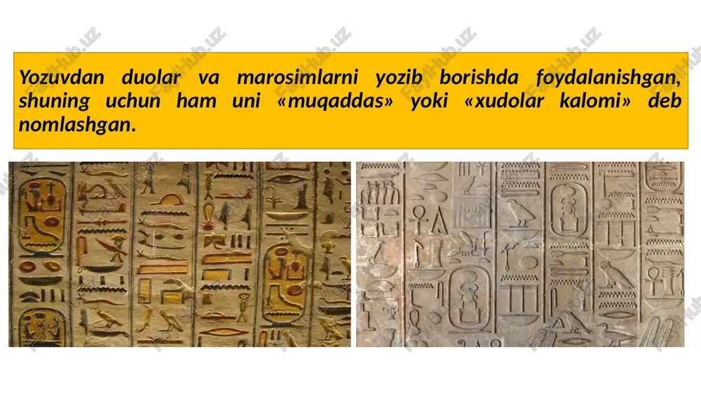 va qasidalar misr aholisi orasida keng tarqalgan edi. masalan: “haqiqat va qing’irlik” va “og’a-inilar” aksariyat asarlarda real hodisalar to’qima voqealar bilan aralashib ketgan. odamlar harakatiga xudolar aralashadi, ezgulik yovuzlik ustidan g’alaba qozonadi qadimgi misr tasviriy san’ati. misrliklar ibodatxonalar, saroylar va papirus varaqlarini bezash uchun manzarali tasvirlardan keng foydalanishgan. devor rasmlarida diniy mavzular bilan bir qatorda oddiy hayot, ov, ko'ngilochar manzaralar ham paydo bo'lib, ular misrliklar hayotini o'rganishga yordam beradi. qadimgi misr tasviriy san’ati. qadimgi misrda haykaltaroshlik eng yuqori gullab-yashnagan. eng mashhur ijod akhenatenning rafiqasi nefertiti obrazi edi. haykal oltin qumtoshdan yasalgan va mahorat bilan chizilgan. nefertiti ayol go'zalligining ramziga aylandi image1.jpeg image2.png image3.jpeg image4.png image5.jpeg image6.jpeg image7.jpeg image8.jpeg image9.jpeg image10.jpeg image11.jpeg image12.jpeg image13.jpeg image14.jpeg image15.jpeg image16.jpeg image17.jpeg image18.jpeg image19.jpeg image20.emf image21.jpeg image22.emf image23.jpeg image25.jpeg image27.jpeg image28.jpeg image29.jpeg limoi misrlikl ‘ insonivatnina ilk vezuvlaridan irl £0), avwaliag har bit soz rasm bmi | eed yw sacer xi ft vat an a …