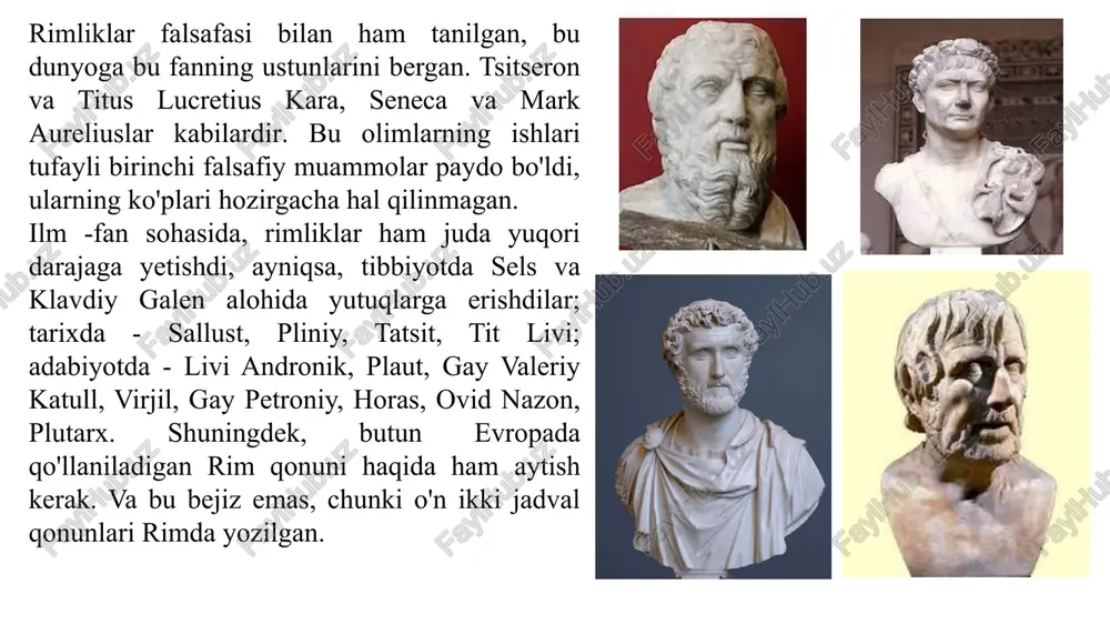 i. reya silviya – rimning afsonaviy asoschilari romul va rimning onasi. bona dea – ezgu taqdir, hosildorlik ayol ma’budasi, ayollarning homiysi. sivillalar – afsonaviy bashoratchi ayollar. penatlar – uy ombori va u yerda saqlanadigan oziq-ovqatlar xudosi. lara – oila va xo‘jalik xudosi. manalar – o‘lgan ajdodlarning ilohiylashtirilgan ruhlari, hayot bo‘lgan avlodlar homiysi. geniy – ezgu ruh, alohida kishining saqlovchisi. lemurlar (larvalar) – ajina, hayot bo‘lgan avlodlarni ta’qib qiladigan o‘lgan ajdodlarning yovuz ruhlari. eskulap – davolash xudosi. 9 adabiyot. rim adabiyotining shakllanishi va taraqqiyotida xalq og‘zaki ijodi va yunon adabiy an’analari muhim o‘rin tutadi. rim adabiyoti tarixi mil.avv. iii asr o‘rtalarida yunon janrlariga taqlid qilish bilan boshlandi. tarentlik ozod qo‘yilgan qul, yunon liviy andronik (mil.avv. 280–204-yillar) birinchi lotin muallifi edi. u gomerning «odissey»sini lotin tiliga tarjima qildi. shuningdek, u yunon dramalarini erkin tarjima qilish va badiiy qayta ishlash bilan shug‘ullandi. liviy andronikdan rim badiiy adabiyoti boshlanadi. u rim patrisiylarining bolalari uchun …