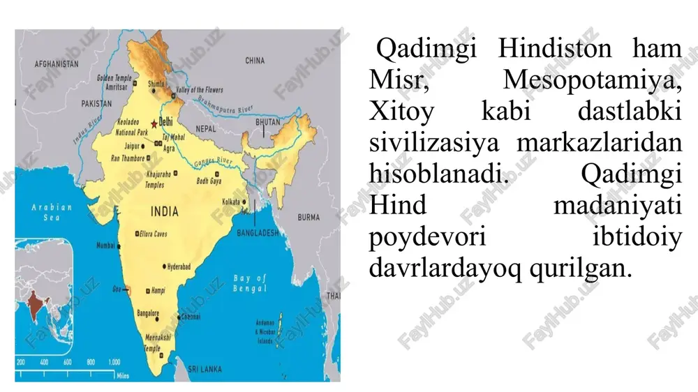 ar tuzilayotgan davrdayoq hind tabiblari odam anatomiyasidan bir qadar xabardor bo’lganlar va ba’zi anotomik terminlarni qo’llaganlar. miyaga, umurtqa pog’onasiga va ko’krak qafasiga alohida e’tibor berganlar va ularni kasallar uyasi deb bilib, tabib bu yerdagi kasallikni topib olib yo’qotish kerak deb hisoblagan. qadimgi hind tibbiyotida davolashda ishlatilgan dori-darmonlarning 1000 ga yaqin turi bo’lib, ular dorivor o’simlik (oshadxi)lardan, meneral buyumlar va hayvon a’zolaridan tayyorlanganlar. qadimgi hindistonda astronomiya va matematika sohasida ham bir qancha bilimlar to’plangan. hindlar quyosh va suv soatidan foydalanganlar. astronom aryabxata v asrdayoq yerning sharsimon ekanligini va yerning o'ziga tortish qonunini, ayni paytda u o ‘z o'qi atrofida aylanish farazini aytgan. o’uyoshning fazoda yurgandek bo’lib ko’rinishini kuzatish, oyning ma’lum yulduzlar (nakshatras) orasida o’ziga xos shakllarga ega bo’lishini kuzatib borish hatto vedalar davridayoq oy zodiakini aniqlashga va taqvimlarning o’ziga xos shaklini ishlab chaqishga imkon bergan. bu taqvimga muvofiq yil 12 oyga (360 kunga), shu bilan birga har bir oy 30 kunga …