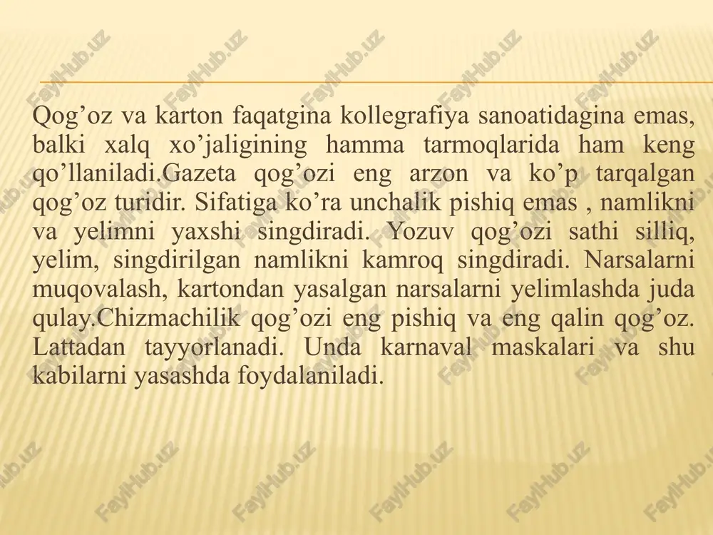 – teatr afishalari, tramvay va avtobus biletlari matni faqat silliq tomonda bosmalanadi; qog`ozning ba‘zi turlari yarim tiniq bo`lib, undan hamma narsa ko`rinib turadi, boshqalari esa aksincha. qog`oz kalka tayyorlashda uni iloji boricha tiniqroq bo`lishiga harakat qilinadi, aks holda chizmalardan nusxa ko`chirish qiyin bo`ladi yoki umuman ko`chirib bo`lmaydi. papiros qog`ozi va pergamin tiniq bo`ladi. bosmalash va yozuv qog`ozlari, ularning ikki tomonida yozuv bajarish uchun tiniq bo`lmasligi kerak; qog`oz zich va g`ovak bo`ladi. masalan, chizma va namni shimib oluvchi qog`ozlarni taqqoslash bunga misol bo’la oladi; qog`oz rasm bilan bezatilgan, yaltiroq yoki yaltiramaydigan yuzali bo`lishi mumkin. bunday qog`ozlarga muqova qog`ozlar, gulqog`ozlar, qog`oz-lederinlar kiradi. qog`oz majmuasini har bir qog`oz turi va navining vazifasini ko`rsatishga qarab tanlash va tasniflash kerak. buning maqsadga muvofiqligi shundaki, eng ko`p tarqalgan qog`oz turlarining nomlari odatda ularning vazifasini aks etiradi: yozuv – yozish uchun, bosmalash – bosmalash uchun, chizish – chizish uchun, stol usti – stol ustini qoplash uchun, gulqog`oz …