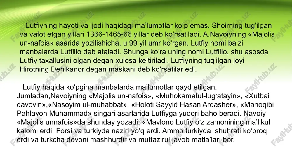 ehribon bo‘lmas emish. oltin qafas ichra gar qizil gul bitsa, bulbulg‘a tikondek oshiyon bo‘lmas emish. ista ato yo‘lida fido jon qilmoq, qulluq anoga ham ulcha imkon qilmoq, zuhri abad istasang farovon qilmoq, bil oni ato-anog‘a ehson qilmoq. boshni fido qilg‘il ato boshig‘a, jismni qil sadqa ano qoshig‘a. tun-kuningga aylagali nurposh, birisin oy angla, birisin quyosh. *** onalarning ayog‘i ostidadur ravzayi jannat-u jinon bog‘i. ravza bog‘i visolin istar esang, bo‘l onaning ayog‘i tufrog‘i. 1991 yilda alisher navoiy tavalludining 550 yilligi tantanali nishonlandi. alisher navoiy nomidagi o‘zbekiston respublikasi davlat mukofoti ta’sis etildi. toshkentda alisher navoiy nomidagi o‘zbekiston milliy bog‘i barpo etildi va bu bog‘ o‘rtasida shoirning salobatli haykali qad ko‘tardi. shoirning 20 jildli mukammal asarlar to‘plami nashr etildi. mamlakatimizda alisher navoiy xotirasi yuksak darajada e’zozlanadi. bir viloyat, shahar, oliy o‘quv yurti (samarqand davlat universiteti), toshkentdagi davlat kutubxonasi, o‘zbekiston fanlar akademiyasi til va adabiyot instituti. e’tiboringiz uchun rahmat image1.jpeg image3.png image4.png image5.png image6.png …