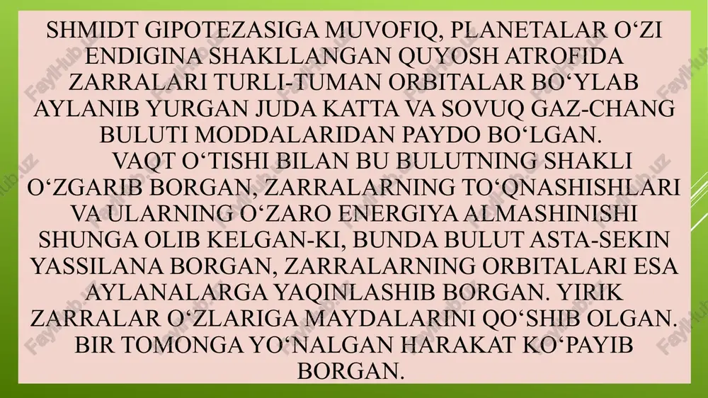 uda qalin, zich bo‘lib, asosan metan, ammiak va vodoroddan iborat. gigant sayyoralar ichki sayyoralarga qaraganda o‘z o‘qlari atrofida juda katta tezlik bilan aylanadilar. plutonning fizik tabiati, gigant sayyoralardan tubdan farq qilganligi uchun uni tashqi sayyoralar qatoriga qo‘shib bo‘lmaydi. saturn ham o‘ziga xos, uning atrofida xuddi yo‘ldoshlari kabi son-sanoqsiz mayda jismlardan tashkil topgan xalqalar tizimi aylanadi. xalqalarning eni 70000 km, qalinligi 5 km. quyosh sistemasida 40000 ga yaqin kichik sayyoralar (asteroidlar) borligi taxmin qilinsa-da, ammo shulardan 2 mingtasi topilib, orbitalari aniqlangan. quyosh sistemasida yana kometalar ham mavjud. kometalarning quyosh atrofida aylanish davrlari bir necha o‘n yildan ortiq emas. har yili astronomlar tomonidan 5-10 tacha kometa kashf qilinadi. optik kuzatishlar yordamida ko‘rinmaydigan son-sanoqsiz meteor moddalar va kosmik changlar quyosh sistemasi fazosining hamma joyida mavjud. quyosh sistemasi galaktika markazi atrofida aylanaga yaqin orbita bo‘ylab 250 km/sek/ tezlik bilan aylanadi,uning aylanish davri 180 mln. yilga to‘g‘ri keladi. quyosh, yerdagi barcha jarayonlarning energiya manbai hisoblanadi. …