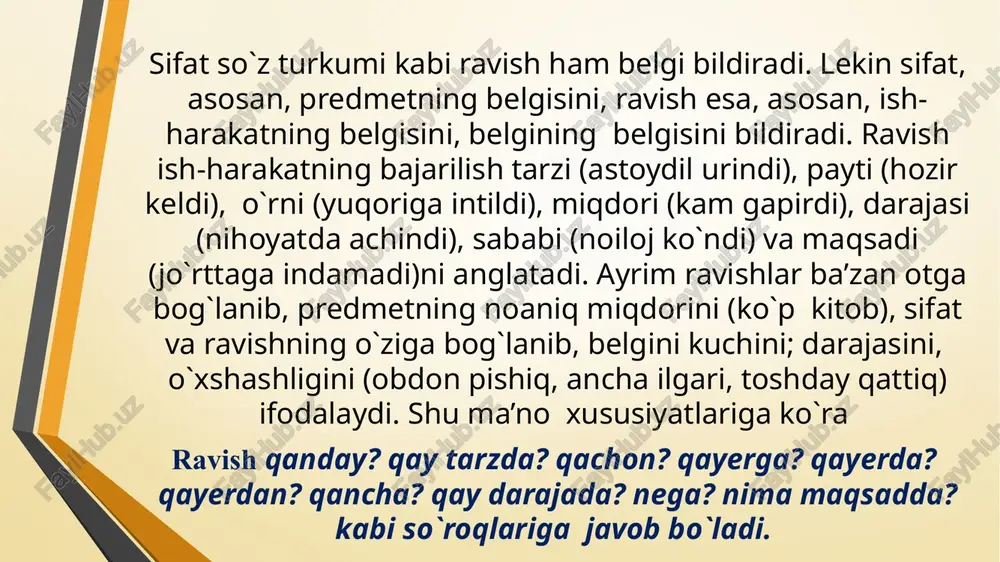ta, sekin, tez, piyoda, ayov, qo`qqisdan, tasodifan, xomlay, ochin-to`kin, butunligicha, jim, darov, darhol, zo`rg`a, birdan, birga, majburan, yaqqol, harbiylarcha, o`zbekcha, yuzma-yuz, ochiq-oydin kabi. holat ravishlari, asosan, ravish holi otga bog`lanib kelganda sifatlovchianiqlovchi va kesim vazifalarida keladi: bobur ota yurtidan ajralganini endi astoydil his qildi (p.q.). salqin shabadasi kelib olqishlar bizning g`olibona bayrog`imizni (a.m.). auditoriya jimjit, hamma unga qarar (p.q.). payt ravishi. payt ravishi ish-harakatning paytini bildirib, qachon? qachongacha? qachondan beri? kabi so`roqlarga javob beradi. payt ravishlariga: hozir, boya, hali, endi, oldin, burun, avval, qadim, bultur, tunov kun, yaqinda, hamisha, hanuz, hamon, bugun, indin, keyin, so`ng, yiliga, dastlab, har kuni, ertaindin, erta-kech, qishin-yozin kabilar kiradi. payt ravishlari asosan, payt holi, ba’zan kesim vazifasida keladi. masalan: bugun sening tug`ilgan kuning, bugun uying to`ladi gulga (h.o.). o`rin ravishi. o`rin ravishi ish-harakatning bajarilish o`rnini va harakat yo`nalgan tomonni anglatadi. o`rin ravishi qayerga? qayerda? qayerdan? kabi so`roqlarga javob berib, ularga nari, beri, oldinga, pastda, tubanda, …