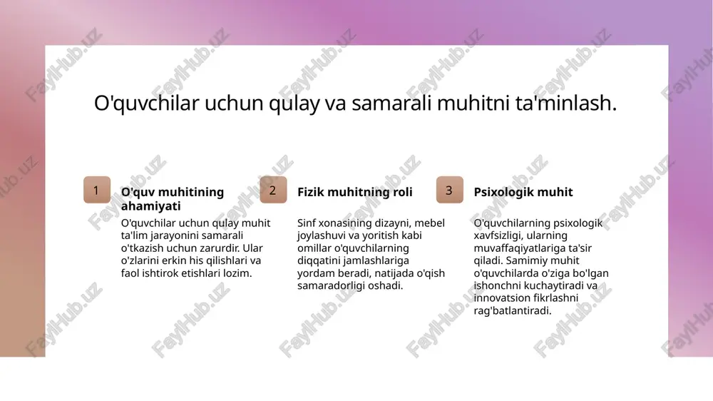 ini yaxshilaydi. 2 innovatsion o'quv usullari innovatsion o'quv usullari, masalan, loyiha asosidagi o'qitish, o'quvchilarga amaliy tajribalar orqali o'z bilimlarini mustahkamlash imkonini beradi. 3 hamkorlik va jamoaviy ish o'quvchilar o'rtasida hamkorlik va jamoaviy ishni rivojlantirish, ularning fikrlash va muammolarni hal qilish qobiliyatlarini oshiradi. 4 texnologiyalardan foydalanish zamonaviy texnologiyalar, masalan, interaktiv ta'lim platformalari, o'quvchilarning ishtirokini oshiradi va o'qitish jarayonini yanada qiziqarli qiladi. xulosa 1 ta'limda innovatsiyalar - innovatsion texnologiyalarni qo'llash ta'lim jarayonini samarali qiladi, o'quvchilarni faol ishtirok etishga undaydi va ularning muvaffaqiyatini oshiradi. 2 mahalliy madaniyat ahamiyati - sinf xonalarida mahalliy madaniyat elementlarini integratsiya qilish, o'quvchilarning madaniy identitetini mustahkamlashga yordam beradi hamda an'analarni saqlashni ta'minlaydi. 3 o'quv muhitini rivojlantirish - zamonaviy dizayn yondashuvlari va innovatsion strategiyalar, o'quv muhitini rivojlantirishda muhim ahamiyatga ega bo'lib, o'quvchilarning eng yaxshi natijalarni ko'rsatishlariga yordam beradi. e'tiboringiz uchun rahmat! /docprops/thumbnail.jpeg click to edit master title style