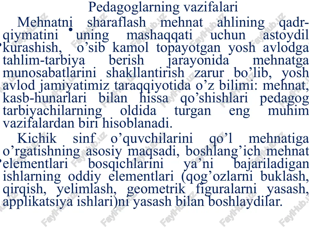 i qaychisini, ikkinchisi qog’ozini olib kelmasdan mashgulotlarga qatnashish ish qilayotgan o’rtog’ini narsa so’rab chalg’itadi. shuning uchun o’qituvchi dars boshlashdan oldin guruh sardorlari yordamida o’quvchilar o’rtasidagi o’zaro do’stona yordamga tayanib o’z vaqtida choralar ko’rish lozim. biroq har qanday holatda ham o’quvchini uyga jo’natmaslik yoki jazo berish tartibida o’quvchini ishsiz qoldirmaslik kerak. sinfdan tashqari ishlarda olib boriladigan vazifalar quyidagilardan iborat: -o'quvchilarni tanlagan kasblariga qiziqishlarini uyg'otish, olgan bilimlarini rivojlantirish, mehnat orqali hosil bo'lgan ko'nikma va malakalarini shakllantirish; -o'quvchilarda mehnatga nisbatan muhabbatni tarbiyalash va kasbga yo'naltirish; -tanlangan kasbga nisbatan qiziqishlarini tarbiyalab, ijodiy ko'rgazmalar, o'yinlar uchun atributlar (narsalarning, hodisalarning ajralmas qismi, xususiyati) yasashga xohishlarini uyg'otish; -qog'oz, karton kabi materiallarning xususiyatlari bilan tanishtirish; -mehnat qilish madaniyati malaka va ko'nikmalarini tarbiyalash; -buyumlarni tayyorlash jarayonini rejalashtirish, tayyorlash texnologiyasini o'rgatish, mahsulotni tejash, buyumlar qoralamasining eskizini va suratini chizishga o'rgatish, chizmalarni o'qish va ish joylarini tartibli saqlash; -o'quvchilarni buyumlar yasash jarayonida oddiy asboblardan foydalanishga o'rgatish hamda badiiy didlarini shakllantirishga, vaqtni …