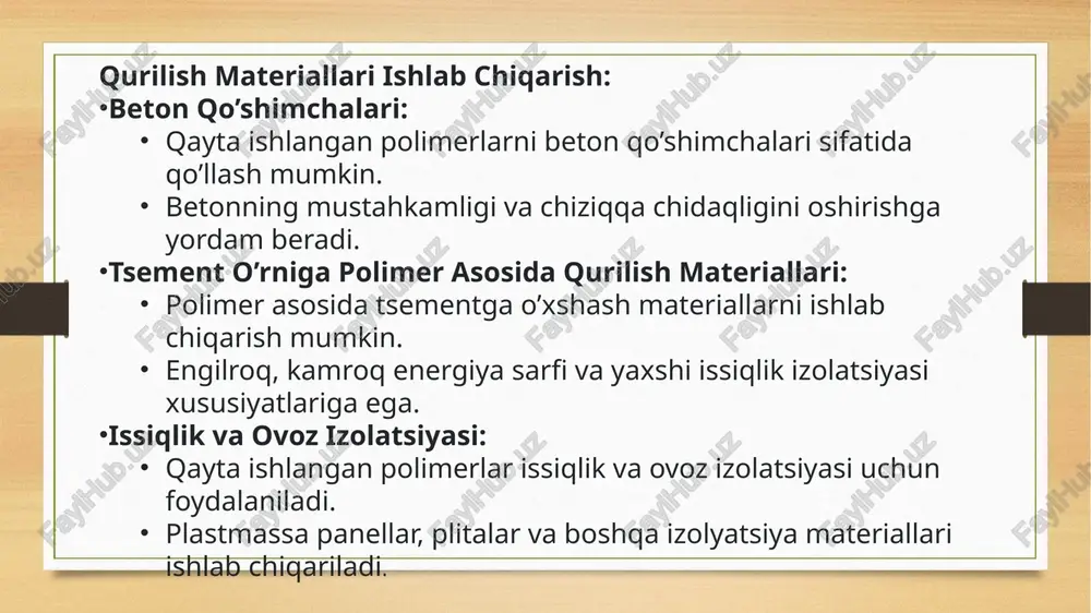 qo’llash bo’yicha ko’plab loyihalar amalga oshirilmoqda. masalan, gollandiyada qurilgan bir necha binolar qayta ishlangan plasmassadan qurilgan. aqsh: aqshda polimer chiqindilarini qayta ishlash sohasida ko’plab kompaniyalar faoliyat ko’rsatmoqda. ular qayta ishlangan polimerlar asosida turli xil qurilish materiallarini ishlab chiqaradi. xitoy: xitoyda polimer chiqindilarining ko’pligi muammo tugdurmoqda. mamlakat hukumat qayta ishlash sohasini rivojlantirishga katta e’tibor qaratmoqda va qayta ishlangan materiallarni qurilishda qo’llash bo’yicha loyihalar amalga oshirilmoqda. hindiston: hindiston tez rivojlanayotgan mamlakat bo’lib, unda polimer chiqindilari miqdori tez o’smoqda. hindistonda qayta ishlangan polimerlarni qo’llash bo’yicha yangi texnologiyalarni rivojlantirish va qurilish sohasida ularni keng miqyosda qo’llash bo’yicha sa’y-harakatlar amalga oshirilmoqda. kelajak istiqbollari: yangi texnologiyalarni rivojlantirish: qayta ishlash jarayonini samaraliroq va energiya sarfini kamaytiradigan yangi texnologiyalar rivojlantirish muhimdir. kompozit materiallar: polimerlarni boshqa materiallar bilan birlashtirib, yanada bardoshli va xiliatlarga ega bo’lgan qurilish materiallarini yaratish mumkin. qayta ishlangan materiallarni qo’llashni rag’batlantirish: qayta ishlangan materiallarni qurilishda qo’llash bo’yicha siyosat va dasturlarni rivojlantirish muhimdir. iqtisodiy rag’batlantirish: qayta ishlangan …
