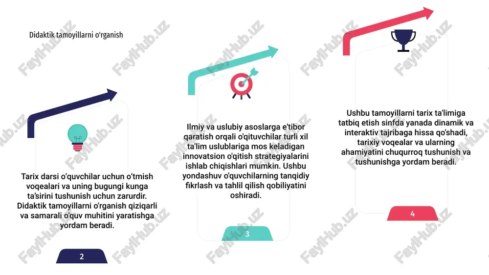 urli xil ta’lim uslublarini hal qilishga qaratilgan. ushbu yondashuv talabalar tarixiy ma'lumotlarni qayta ishlash va saqlashning turli usullarini ko'rib chiqadi. tarix darsida turli xil o'rganish uslublarini tushunish va e'tirof etish orqali o'qituvchilar o'zlarining o'qitish usullarini turli imtiyoz va qobiliyatlarga moslashtirishlari mumkin. ushbu shaxsiylashtirilgan yondashuv talabalarni yanada samaraliroq jalb qilishga va ularning tarixiy tushunchalarni umumiy tushunishini yaxshilashga yordam beradi. ilmiy-uslubiy va didaktik asoslarni tarix darslariga integratsiya qilish nafaqat o'rganish tajribasini oshiradi, balki inklyuzivlik va tenglikni ta'minlaydi. turli xil ta'lim uslublariga murojaat qilish orqali o'qituvchilar barcha talabalar uchun tarix fanidan ustun bo'lishlari uchun qo'llab-quvvatlovchi va boyitish muhitini yaratishi mumkin. samarali ta'lim muhitini yaratish 03 01 02 tarix darslarining samaradorligini oshirishda ilmiy-uslubiy va didaktik asoslar hal qiluvchi rol o‘ynaydi. samarali ta'lim muhitini yaratish orqali talabalarni tarixiy mavzularni chuqurroq o'rganishga jalb qilishlari va rag'batlantirishlari mumkin. turli xil o'qitish strategiyalari va resurslarini o'z ichiga olish talabalarning e'tiborini jalb qilish va tarixiy voqealarni tushunishlarini osonlashtirishga yordam …