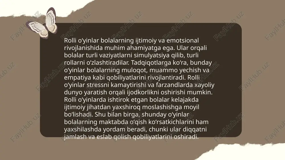 hi lozim. tadqiqotlar shuni koʻrsatadiki, erta ijtimoiy va til koʻnikmalarining rivoji bolalarning akademik va ijtimoiy muvaffaqiyatiga ta'sir qiladi. bolalarda bu koʻnikmalarni shakllantirish ularni kelajakda samarali va oʻzaro hurmatli muloqot asosida rivojlanishiga yordam beradi. maktabgacha yoshdagi bolalarning rivojlanishi uchun rivojlantiruvchi rolli õyinlar va dramatizatsiya muhitini yaratish rohataliyeva shaxrizoda e'tiboringiz uchun raxmat! image1.png image2.png image3.png image4.jpg image5.png image6.jpg image7.jpg maktabgacha ta‘ lim tashkilotida teatrlashtirilgan faoliyatning asosiy vazifalari: > teatrlashtirilgan faoliyatda bolalarning ijodiy faolligi uchun sharoit yaratish. > pedagogik jarayonda teatrlashtirilgan va boshqa faoliyat turlari 0° zaro aloqadorligi uchun sharoit yaratish. > bolalar va kattalarning hamkorligidagi teatrlashtirilgan teatrlashtirilgan faoliyat uchun sharoit yaratish. > bolalarni teatr madaniyatiga oshno qilish. f.\maktabgacha tarbiya yoshidagi bolalarni ba tarbiyalash, estetik rivojlanishiga ko‘ maklashish, ula yangi taassurotlar bilan boyitis 2. maktabgacha tarbiya jgymy yoshidagi bolalarni |) faollashtirish, |} tashabbuskorligini, nutqi 9s va badiiy didini rivojlantirish. " /docprops/thumbnail.jpeg