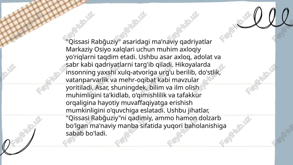 rli bo'lishga o'rganishi mumkin. "qissasi rabğuziy" dagi hikmatlarning badiiy-ma'rifiy ahamiyati norboyeva feruza e'tiboringiz uchun raxmat! image1.png image2.png image3.png image4.jpg image5.png image6.jpg image7.jpg /docprops/thumbnail.jpeg
