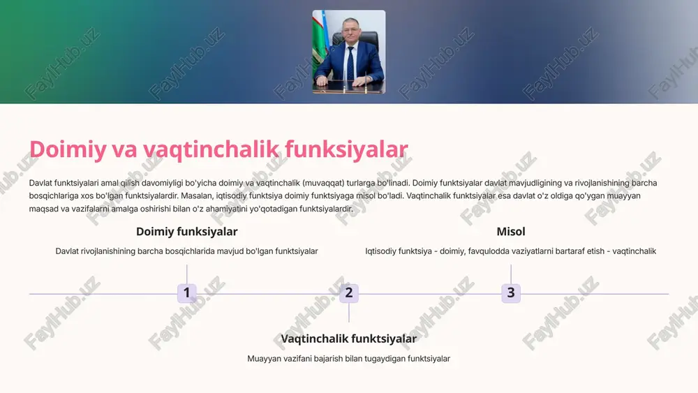 chiqish 2 saylovlarni tashkil etish saylov jarayonini rejalashtirish va o'tkazish 3 muhim tadbirlar davlat ahamiyatiga molik anjumanlar va uchrashuvlarni o'tkazish 9 tashkiliy-xo'jalik faoliyati tashkiliy-xo'jalik faoliyati davlat funktsiyalarini bajarishni moddiy ta'minlash bo'yicha amaliy, texnik, joriy xo'jalik ishlaridan iborat. bu faoliyat turiga iqtisodiy asoslash, nazorat va auditorlik faoliyati, yetkazib berish, sotishni tashkil etish kabi ishlar kiradi. tashkiliy-xo'jalik faoliyati davlat organlarining samarali ishlashi uchun zarur bo'lgan moddiy-texnik bazani ta'minlashga qaratilgan. iqtisodiy asoslash davlat loyihalarining moliyaviy jihatlarini tahlil qilish nazorat va audit davlat organlari faoliyatini tekshirish va baholash yetkazib berish davlat ehtiyojlari uchun zarur resurslarni ta'minlash 10 tashkiliy-mafkuraviy ish tashkiliy-mafkuraviy ish davlatning turli funktsiyalari bajarilishini ta'minlash bo'yicha kunlik tushuntirish-tarbiyaviy ishlarni o'z ichiga oladi. bu faoliyat turiga qonunlar va boshqa normativ hujjatlarni tushuntirish, muayyan masala yuzasidan jamoatchilik fikrini shakllantirish kabi ishlar kiradi. tashkiliy-mafkuraviy ish orqali davlat o'z siyosatini aholi orasida targ'ib qiladi va qo'llab-quvvatlashni ta'minlaydi. 1 qonunlarni tushuntirish yangi qabul qilingan qonunlar va normativ hujjatlarning …