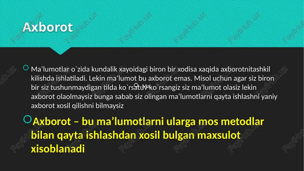 a ega… o'zbekiston respublikasi konstitutsiyasi, 30-modda. o'zbekiston respublikasining barcha davlat organlari, jamoat birlashmalari va mansabdor shaxslari fuqarolarga ularning huquq va manfaatlariga daxldor bo'lgan hujjatlar, qarorlar va boshqa materiallar bilan tanishib chiqish imkoniyatini yaratib berishi lozim. o'zbekiston respublikasi konstitutsiyasi, 35-modda. har bir shaxs bevosita o'zi va boshqalar bilan birgalikda vakolatli davlat organlariga, muassasalariga yoki xalq vakillariga ariza, taklif va shikoyatlar bilan murojaat qilish huquqiga ega. 16 axborotlashtirish sohasidagi asosiy me'yoriy-huquqiy hujjatlar respublikada akt sohasida: o'zbekiston respublikasining 11 ta qonuni; o'zbekiston respublikasi prezidentining 3 ta farmoni; o'zbekiston respublikasi prezidenti va o'zbekiston respublikasi vazirlar mahkamasining 40 dan ortiq qarorlari hamda 1000 ga yaqin sohaga oid me'yoriy hujjatlar ishlab chiqilgan. axborotlashtirish sohasidagi asosiy me'yoriy-huquqiy hujjatlar qonunlar prezident farmonlari va qarorlari hukumat qarorlari axborotlashtirish to'g'risida (2003y.) telekommunikatsiyalar sohasida boshqaruvni takomillashtirishga doir chora-tadbirlar to'g'risida (2000y.) kompyuterlashtirishni yanada rivojlantirish va axborot-kommunikatsiya texnologiyalarini joriy etish chora-tadbirlari to'g'risida (2002y.) elektron raqamli imzo to'g'risida (2003y.) kompyuterlashtirishni yanada rivojlantirish va axborot-kommunikatsiya …