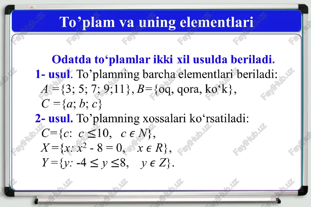 qlang. a) {x|xn=0,nen} b) {x|x=7k,x en} c) {x|x=ttk,k er} d) {x|x=7n,n ez} 10.(m1) b #@ va bca. ava b to‘plamlarning elementlari soni mos ravishda m va n ga teng. agar n + 3m = 18 bolsa, a to‘plamning elementlari sonini toping. a)3 b)2 o©)5_ d)4