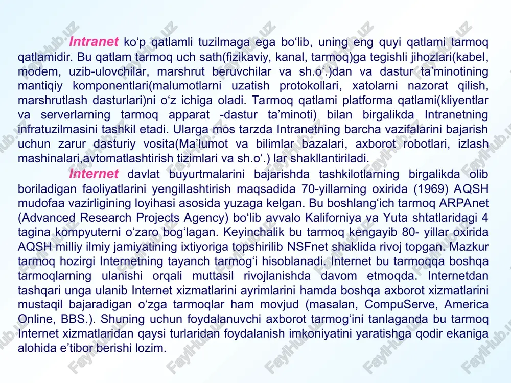 dudi bo‘ylab tarqalgan 10 dan ortiq tuguni kabel orqali o‘zaro birlashtirilgan. unda axborot oqimining tezligi sekundiga 45 megabayt atrofida (1- rasm). 1- rasm aqsh hududi bo‘ylab tarqalgan kabel orqali o‘zaro birlashtirilgan komputerlar boshqa kompyuterlar shu tugunlarga to‘g‘ridan to‘g‘ri ulangan bo‘lib ular ham yuqori tezlikda axborot uzatadilar. ulardan boshqa kompyuterlar keyingilarga ulangan va h.k., foydalanuvchining kompyuterlari (kliyentlar) daraxtsimon tuzilmadagi barglarga o‘xshab ko‘payib boradi, shu tariqa jahon axborot tarmog‘i internet shakllanib, u muttasil taraqqiy etmoqda. tayanch tarmoqqa bevosita yoki bilvosita ulangan boshqa tarmoqlar, internetning asosiy xizmatlarini o‘zida mujassamlashtirgan holda internetning qismlarini tashkil etuvchisi hisoblanadi. agar biror mamlakatdagi biror kompyuter tayanch tarmoqni bog‘lagan kompyuterga ulangan bo‘lsa bu mamlakat internetga ulanganidir. www. jahon web to'ri. nua ( ) ma'lumotiga ko’ra, jahondagi internetdan foydalanuvchilar 2000 yil iyun oyida 332 million kishidan oshdi. internetning rivojlanishi internetga 80- yillarda o’quv muassasalari, davlat agentligi, xalqaro tashkilotlar va tijorat firmalari kiritildi. 90 - yillarda internet juda tez sur’atlar bilan …