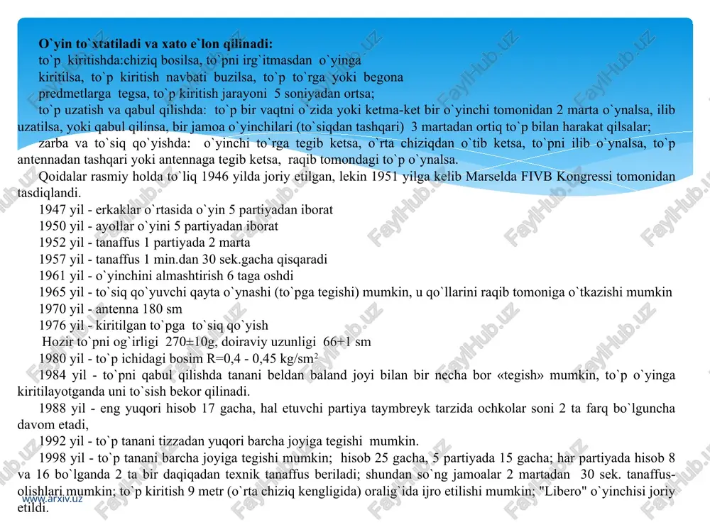 iyatlarining maqsadga muvofiq, aniq vazifalarni xal qilishga imkon beradigan usullari yig`indisi deb atash mumkin. «texnika» so`zi yunoncha so`z bo`lib, «mahorat» ma`nosini anglatadi. takomillashgan texnik usullarni egallash bilan yuqori mahoratga erishiladi. voleybol o`yin texnikasi o`yinni olib borish uchun zarur bo`lgan harakat usullari majmuasidan iboratdir, xarakatlar texnikasi turli vaziyatlarda maqsadga muvofiq, samarali harakat qilish bilan baholanadi, o`yindagi har bir texnik usulni bajarish bir-biri bilan uzviy bog`langan harakatlanish tizimidan tashkil topadi. harakat texnikasi harakat vazifalarini muayyan usul bilan hal qilish uchun zarur va yetarli bo`lgan harakatning dinamik va kinematik xususiyatlaridir (kuchlarning muayyan izchilligi, gavdaning ayrim qismlari o`rtasidagi muvofiqlik va shu kabilar). www.arxiv.uz texnikaning asosiy qismi - ma`lum bir harakatdagi asosiy mexanizmning eng muhim va xal qiluvchi qismidir. texnikaning asosiy qismini bajarish nisbatan katta kuch sarflanishi bilan ifodalanadi. texnikaning detallari - harakatning asosiy mexanizmini buzmaydigan ikkinchi darajali xususiyatdir. tehnika detallari turli sportchilarda turlicha bo`lib, bu ularning morfologik va funksional imkoniyatlariga bog`liq bo`ladi. texnik harakatlarni …