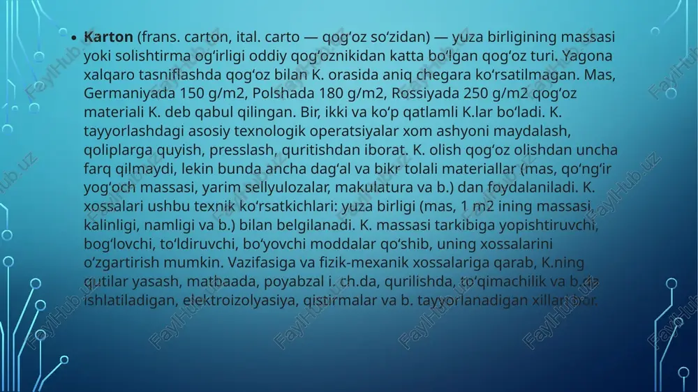 t qogʻoz ishlab chiqarildi. 20-asrning 60-yillarida angren shahrida ikkilamchi qogʻoz materiallari (makulatura)san karton qutilar va idishlar tayyorlaydigan korxona qurildi. 90-yillar boshida andijon, namangan, samarqand, yangiyoʻl va boshqa shaharlarda gʻoʻzapoya, sholipoya va sel-lyulozadan qogʻoz ishlab chiqaradigan bir necha fabrika, oʻrta korxona^ sexlar ishga tushirildi. 1995-yilda "oʻzbekqo-gʻoz sanoat" uyushmasi tashkil etildi (2003-yil oxirida tugatildi). 2003-yilda oʻzbekiston qogʻoz sanoatida 3044 t sellyuloza, 5735 t qogʻoz, 3949 mln. dona yozuv daftarlari ishlab chiqarildi. tarmoqdagi eng yirik korxona — "oʻzbek qogʻozi" aksiyadorlik jamiyati (toshkent). e’tiboringiz uchun rahmat! 721-23-guruh xudoyberdiyev xushnud image2.png /docprops/thumbnail.jpeg maklatura asosda olnadigan materiallar, res ‘)maklatura hagidatushungha, 2karton mashinas|