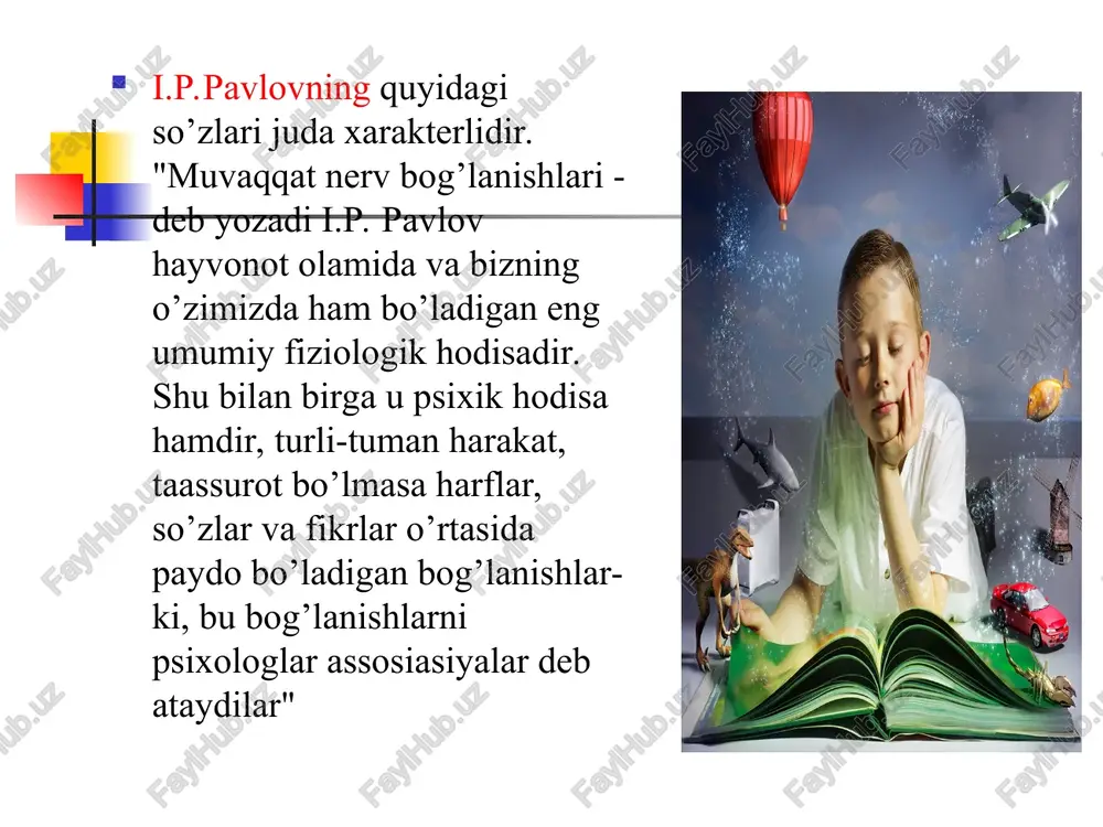 a - "elimlash" degan ma'noni bildirib, unda turli qismlarni bitta qilib yangi obraz yaratiladi. masalan: yalmog’iz kampir, suv parisi, kentavr, ssfinks obrazlari va boshqalar. giperbolizasiya - obrazlarni kattalashtirish yoki kichiklashtirish shuningdek, alohida qismlarni o’zgartirishdir. masalan: gulliver, liliput, alpomish, rustam pahlavon obrazlari kabilar. tizimlashtirish - o’xshatish orqali ayrim tasavvurlarni ular orasidagi farqlarni silliqlash; tipiklashtirish-bir xil obrazlarni qaytarilishi bo’lib, har bir davr uchun tipik bo’lgan obrazlarni yaratish masalan: a.qahhor hikoyalari ("o’g’ri", "bemor") a.qodiriy ("o’tgan kunlar") romani kabilar. aksentlashtirish - ayrim belgilarni ta'kidlash orqali obrazlar yaratish masalan: o’rtoqlik hazillari. aksentlashtirish badiiy adabiyotlarda juda ko’p qo’llaniladi. xayol turlari passiv xayol ixtiyorsiz shirin xayol tush ko’rish aktiv xayol ixtiyoriy ijodiy xayol orzu osnovnie formi mishleniya: ponyatie – eto virajennaya v slove misl ob obshix i sushestvennix priznakax predmetov i yavleniy deystvitelnosti. sujdenie – forma mishleniya, v kotoroy viskazivaetsya utverjdenie ili otritsanie tex ili inix svyazey i otnosheniy mejdu predmetami, yavleniyami i sobitiyami. sujdeniya mogut bit …