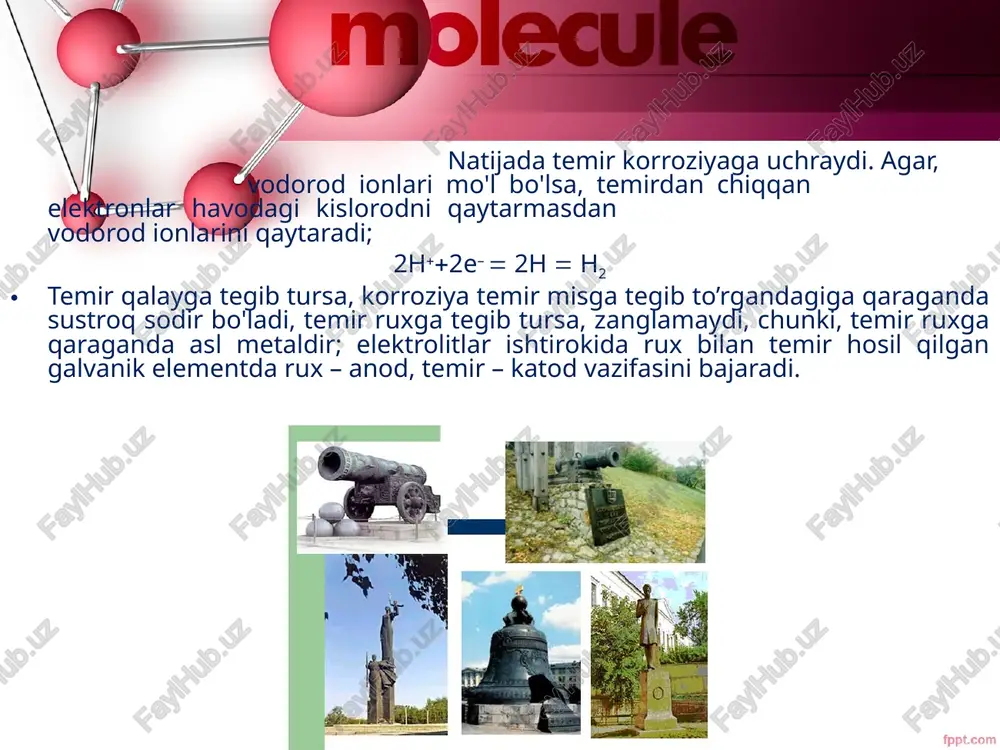 ichida anod qutbga joylab elektroliz o'tkaziladi, bu jarayon anodirlash deyiladi. foydalanilgan adabiyotlar 1.yu.t.toshpo'latov, sh.ye.ishoqov. anorganik kimyo. toshkent. «o'qituvchi». 1992 y. 2.n.a.parpiyev, h.r.rahimov, a.g.muftaxov. anorganik kimyo nazariy asoslari. toshkent. «o'zbekiston». 2000 y. 3.q.ahmerov, a.jalilov, r.sayfutdinov umumiy va anorganik kimyo. toshkent. «o'zbekiston» 2003 y. 4. www.ziyonet.uz 5. www.referat.uz 6. www.kitob.uz image2.jpeg image3.jpeg image4.jpeg image5.jpeg image6.gif image7.jpeg image8.jpeg image9.jpeg image10.jpeg image1.jpeg /docprops/thumbnail.jpeg (metallar korroziyast va uni oldini lish usullari + kowozya turo#. ko'pchik metalior have, suv. sot, shaor vo ‘unoming erimalan tasnao yemvod. eo hodss torsiya devas. korozya £02 lotineha toorroaores - yerinish degon maven angiotas. konozya oznng fzickmyaviy harker jhotidan ie x bolea emyouiyva siskirokimyoviy karaaya. metalarda ganday tudagi konozya sod bown metain’ qushae fo¥gan munis bogiig botad!