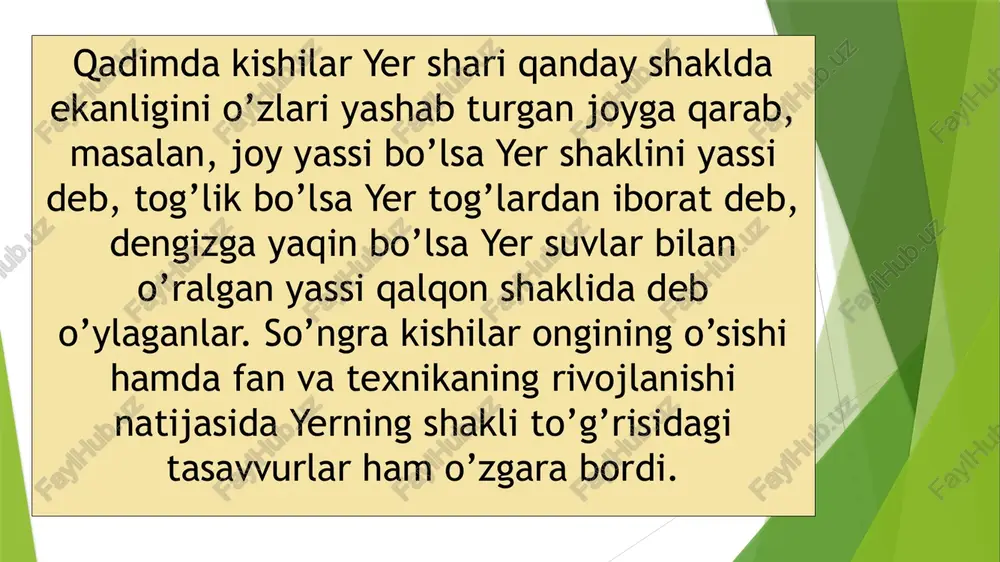 2 soatga teng bo’ladi. shu tufayli 21 martni bahorgi, 23 sentyabrni kuzgi kun – tun tengligi deb ataladi. 21 iyunda yer sharining shimoliy qutbi quyoshga qaragan bo’lib, shimoliy yarim shar janubiy yarim sharga nisbatan quyoshdan ko’proq yorug’lik va issiqlik oladi. bu kuni quyosh nuri ekvatorga emas, balki shimoliy kenglikka tik tushadi. shu tufayli 21 iyunda kunduz shimoliy yarim sharda eng uzun, janubiy yarim sharda eng qisqa bo’ladi. ekvatorda esa kun bilan tun teng bo’ladi. yil fasllari nima sababdan bo'lishini va yer yuzidagi hayotga qanday ta'sir ko'rsatishini bilib olamiz. bizning o'qimiz quyosh atrofida 23 daraja atrofida aylanadigan orbitaning tekisligiga nisbatan moyil. bu shuni anglatadiki, yerning ba'zi hududlari yilning turli vaqtlarida har xil miqdorda quyosh nurlarini olishadi. yilning barcha fasllari bir xil davom etmaydi. buning sababi shundaki, yerning quyosh atrofida aylanib yuradigan orbitasi aylana emas, balki elliptikdir. bu uning ekssentrikligini keltirib chiqaradi. yer quyoshga yaqinroq bo'lganda tezroq, uzoqroqda esa sekinroq harakat qiladi. …