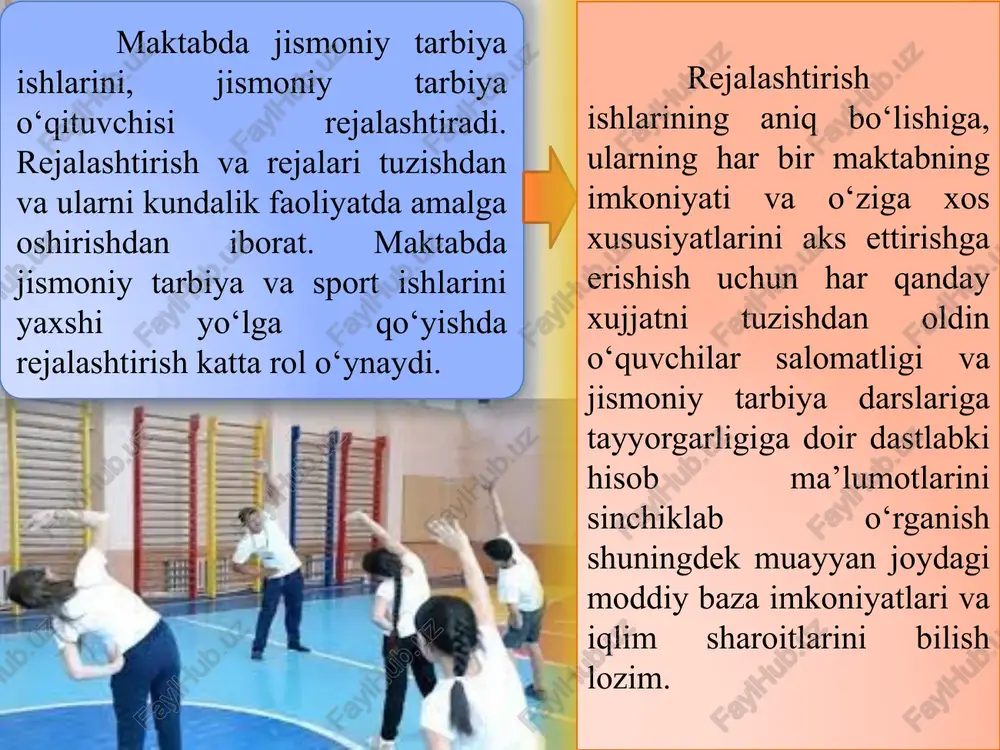 53 54 55 56 57 58 59 60 61 62 63 64 65 66 67 68 1 nazariy bilimlar dars jarayonida 2 gimnastika 3 yengil atletka + + + + + + + n + 4 sport o’yinlar 5 futbol + + + + + + 6 shashka + + n 7 nazorat ishi nazorat ishi uchun alohida soat ajratilmagan bo‘lib, har bo’lim yakunida dars jarayonida olinadi. xi sinf nazariy bilim asoslari reproduktiv yoshdagi aholi salomatligini saqlash to’g’risidagi qonunlar qizlarning sog‘lom turmush tarziga amal qilishi sport turlari bo’yicha o‘zbek sportchilarining yutuqlari ish qobiliyatini oshirishda jismoniy mashqlarni ahamiyati jismoniy mashg‘ulotlarni organizmning asosiy sistemalariga ta’siri dasturdagi yugurish, sakrash va uloqtirish o‘quv mezonlarini o‘zlashtirish sport o‘yinlarida jamoaviy gigiyena talablariga amal qilish. sport va jismoniy mashg‘ulot bilan shug‘ullanuvchining vazni va bo‘yining mosligi. (antropometriya). sport o‘yinlarida o‘yin qoidalarini buzgan hollarda qo‘llaniladigan jarimalar. sport qoidalari asosida hakamlik qilish. kurash musobaqalari qoidalariga amal qilish. qurbaqacha suzish. i …