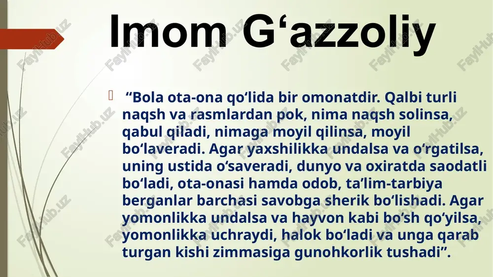 topshiriq, ilm olish yoki sport bilan shug’ullantirish lozim; globallashuv jarayonida farzand tarbiyasida quyidagilarga e’tibor qaratish lozim: – hazillashib ham yolg’on gapirmaslik va doimo va’daga vafo qilishga o’rgatib borishlari lozim. –yoshlikdan biror hunarga o’rgatib borish, hunar o’rganish bo’yicha shogirdlikka berish lozim; – ota-onalar farzandini ilm olishiga alohida e’tibor qaratishi, eng yaxchi sarmoya kelajakka qo’yilgan sarmoya ekanligini anglab yetishlari, bunibg uchun barcha zaruriy va tashkiliy ishlarni qilib borishlari lozim. globallashuv jarayonida farzand tarbiyasida quyidagilarga e’tibor qaratish lozim: – ota-onalar farzand tarbiyasi va ilm olishiga zarur bo’lgan barcha choralarni hozirlashlari hamda ularni uzluksiz ravishda ma’lum bir reja asosida amalga oshirib borishlari lozim. – globallashuv jarayonida bolani turli “axborot xurujlari”dan asrab borishlari, ularga qarshi “mafkuraviy immunitet”ni shakllantirib borishlari lozim. jamiyatda ma’naviy-axloqiy tarbiya va ma’rifiy ishlarni olib borish bilan birga bugungi globallashuv sharoitida yosh avlodda mustaqil ongni shakllantirish maqsadida quyidagi vazifalarni belgilash maqsadga muvofiqdir: birinchidan, davlatning yoshlarga oid siyosatini amalga tatbiq etishda siyosiy institutlar, jamoat …