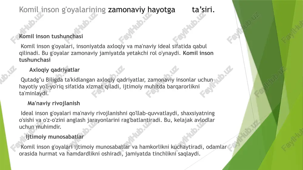 ‘oyalari, turkiy xalqlarning tarixiy va madaniy merosidan kelib chiqadi. bu g‘oyalar o‘z zamonida jamiyatni yaxshilashga qaratilgan edi. axloqiy qadriyatlar va ularning zamonaviy hayotdagi ahamiyati. axloqiy qadriyatlar ta'rifi axloqiy qadriyatlar, insonlar o'rtasida to'g'ri va noto'g'ri, yaxshi va yomonni ajratishga yordam beradigan printsiplar va me'yorlardir. zamonaviy hayotda ahamiyati zamonaviy hayotda axloqiy qadriyatlar, ijtimoiy munosabatlarni mustahkamlash va adolatni ta'minlashda muhim rol o'ynaydi, barqarorlikni ta'minlaydi qutadg’u bilig bilan bog'liqlik "qutadg’u bilig" asarida axloqiy qadriyatlar, ideal insonni shakllantirishda va ijtimoiy hayotda muvozanatni saqlashda muhim omil sifatida ko'rsatiladi. 1. ezgulik g'oyalarining tushunchasi: ezgulik g'oyalari — bu insoniyatning axloqiy qadriyatlari, ularning ichki ma'nosi va jamiyatda o'rni. bu g'oyalar, odatda, adolat, mehr-oqibat, va halollik kabi tushunchalarni o'z ichiga oladi. 2. komil inson va ezgulik o'rtasidagi o'zaro aloqalar: komil inson bu g'oyalarni o'z hayotiga tatbiq etadigan, boshqalarga namuna bo'ladigan shaxsdir. ularning ezgulik yo'lidagi harakatlari jamiyatda ijobiy o'zgarishlarni keltirib chiqaradi. 3. misollar va dalillar: qutadg'u bilig asarida ko'rsatilgan komil inson …
