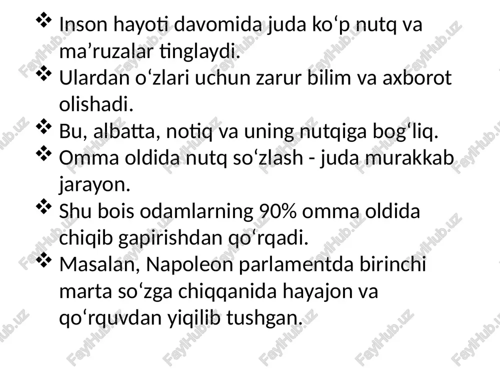 utqi tinglovchining diqqatini tortishi uchun: birinchidan, mazmunli bo‘lishi; ikkinchidan, pauzaga ega bo‘lishi (ayniqsa boshida). pauza asosiy fikrgacha va undan keyin bo‘lishi kerak; uchinchidan, hissiy, emotsional bo‘lishi; to‘rtinchidan, unda qiziqarli fakt, hikoya, ertak, latifalar (aniqlik kim? qachon? qaerda?) bo‘lishi; beshinchidan, tinglovchilarga savollar berish (inson savolni eshitgan paytida xayolan unga javob beradi). qisman ma’lumotni tinglovchilarga dialog shaklida yetkazish, monolog esa tinglovchilar diqqatini so‘ndiradi. savolni tog'ri qo‘ya bilish kerak; oltinchidan, qiziqtira olish - qiziqarli fikrni va’da qilish («endi men sizlarga qiziqarli voqeani aytib beraman»). bunday usulni ko‘p qo‘llash mumkin emas; yettinchidan, ko‘rgazmali qurollardan foydalanish (oldindan tayyorlangan taqdimot, multimedia, doska). notiqlik san’ati nazariyasi va amaliyotining rahbar kadrlari faoliyatidagi ahamiyati rahbar o‘z qo‘l ostidagilar bilan ishlash, ular bilan suhbatlashish, ularga vazifalar qo‘yish, ularni nazorat qilishda o‘z nutqiga nisbatan juda talabchan bo‘lishi, har bir so‘zini puxta o‘ylab, to‘g‘ri, mazmunli, tushunarli qilib ifodalashi kerak. u o‘z qo‘l ostidagilardan talab qilishi uchun o‘zi oldin unga tushunarli qilib gapirishi …