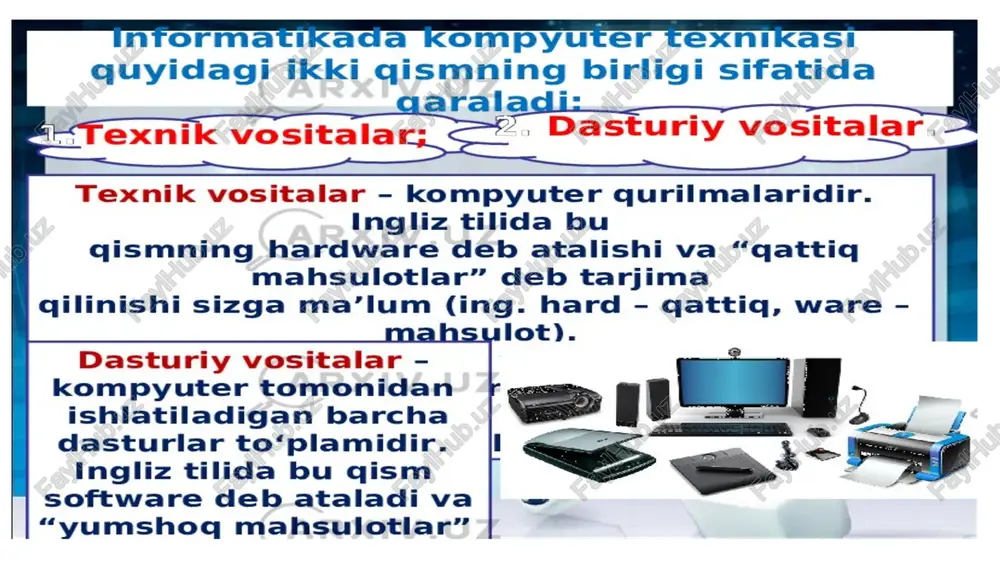 n foydalanish uchun dasturiy va hujjatli vositalarni jamlash tushuniladi. * dasiuriy taminot tomonidan bajariladigan funktsiyalarga bog lig holda, uni ikki guruh -uizimll gastunly ta'minot va amaliy, dasturiy taiminoiga bovlish mumkin. barcha dasturiy ta°minotlarni uchta kategoriya bo’yicha tasniflash mumkin — sistemaviy dasturiy ta’minot; — amaliy dasturiy ta’minot; — dasturlash texnologiyasining uskunaviy vositalar sistemaviy dasturiy ta’ minot. shaxsiy kompyuter ikkita tashkilty qismlardan iborat. bular apparat ta’minot (hardware) va _ dasturiy ta’minot (software) lardir. sistemaviy dasturty ta’minot (system software) — kompyuterning va kompyuter tarmoqlarining ishini ta’minlovchi dasturlar majmuasidir. komyuterning dasturiy ta’minoti orasida eng ko’p qo’llaniladigani amaliy dasturiy ta’minot (adt) dir. bunga asosiy sabab — kompyuterlardan inson faoliyatining barcha sohalarida keng foydalanishi, turli predmet sohalarida avtomatlashtirilgan tizimlarning yaratilishi va qo’ ilanilishidir. k ochobhbim 3agayvam tenemmeanunhbi othocat: 1) npodunaktuyeckoe o6cnykubahue hacenehna; 2) chu»kehue ctommoctu meamunhckux ycnyr; 3) o6cny»xubahne yaanehhbix cy6bektoob, yctpahehue u30naunn; 4) nobbiwehve ypobhaa o6cnykubahna. /docprops/thumbnail.jpeg te/iemequlaha yh@opmalimohhbie texho/iofmn b melmlmhe