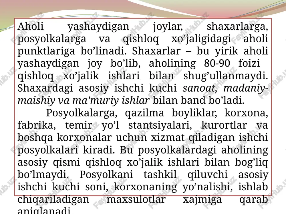 unkti loyihasining asosiy elementlari xisoblanadi. aholi yashaydigan hududdagi uy-joy, jamoa binolari va inshootlarni, loyihaning tarkibiy qismini e’tiborga olgan holda joylashtiriladi. loyihaning tarkibiy qismi deb tashkiliy jixatidan mustaqil, funktsional xizmati, umumiy tuzilishi, joylashtirilish tartibi jixatidan bir xil bo’lib, aholi yashaydigan hududning aloxida qismlarga bo’linishiga aytiladi. aholi uylarini yong’indan saqlash, tozalik masoflari va rel’eflarni xisobga olgan holda joylashtiriladi. aholi yashaydigan hududdagi xamma binolar oralig’idagi yong’indan saqlash masofasi, ularning yong’inga chidamliligi bilan aniqlanadi. binolarning yong’inga chidamligi, qurilgan material va konstruktsiyasining olovda yonishiga bog’liq bo’lib, uch guruxga bo’linadi: yonmaydigan, qiyin yonadigan va yonadigan. yong’indan saqlash masofalari binolarning yong’inga chidamligi yonidagi binolarning yong’inga chidamligi i, ii iii iv v binolar orasidagi eng kam masofa, m i, ii 6 8 10 10 iii 8 8 10 10 iv 10 10 12 15 v 10 10 15 15 . hozirgi kunda ham aholi joylashishining ikkita asosiy turini ajratish mumkin: shahar turi - shaharlar va shahar turidagi qishloqlarning …
