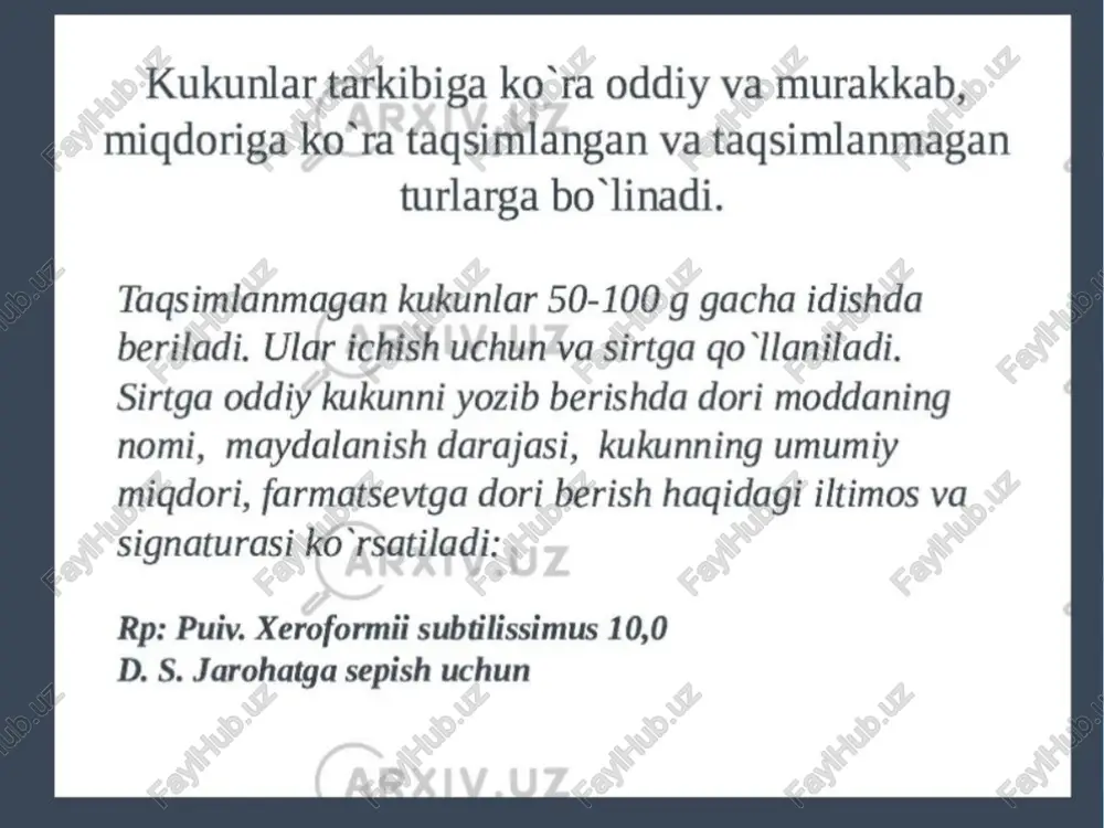 biga kiradigan dori moddalar va ularning miqdorlari ko'rsatilmaydi. retsept dori shaklining nomi suppositoria-dan boshlanadi, so'ngra shamchaning bosh kelishikdagi nomi qo'shtirnoq orasiga olib yoziladi: rp: suppositorium «bethiolum» n.10 d. s. 1 shamchaladan kuniga 2 mahal to'g'ri ichakka qo'yilsin. tayoqchalar (bacilli) ham shamchalar qatoriga kiradi, ular siydik yo'li kanaliga, bachadonning bo'yniga qo'yiladi, hozirgi kunda juda ko'p qo'llaniladi. etiboringiz uchun raxat madaitnov m i image1.jpeg image2.jpeg image3.jpeg image4.png image5.png image6.png image7.png image8.png image9.png image10.png image11.png image12.png image13.png image14.png image15.png image16.png wgae ana ner sooo sac qattiq dori shakllari: "kukun; "tibbiy kapsula; "tabletka; "draje; "granula- *mikrodrajelar kukun — (pulvis, pulveris) ichiladigan va sirtga ishlatiladigan qattiq dori shakli bo lib, sochiluvchi xususiyatga ega maydalik darajasiga qarab: 1) yirik kukunlar-° pulveris grosis 2) mayda kukunlar - pulveris subtilis 3) juda mayda kukunlar - pulveris subtilissimus *croxhbie ramon k kukunlar tarkibiga ko*ra oddiy va murakkab, miqdoriga ko*ra taqsimlangan va taqsimlanmagan turlarga bo linadi. taqsimlanmagan kukunlar 50-100 g …