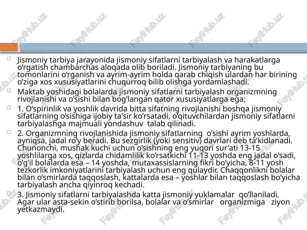 ishining xususiyati, fazilati sifatidagi kuch (masalan, quyidagi matnda ifodalangan ma'nodagi kuch: “yosh o’sishi bilan kuch ham ortib boradi; sport bilan shug’ullanmaydiganlarga nisbatan sportchilar kuchliroq bo’ladilar”). birinchi ma'nodagi kuch harakatning boshqa xususiyatlari bilan bir qatorda mexanikaning o’rganish ob'ekti bo’lib xizmat qiladi. ikkinchi ma'nosidagisi esa jismoniy tarbiya nazariyasi, fiziologiya va antropologiyada tadqiqot mavzui bo’la oladi. harakatlantiruvchi sifat tariqasidagi kuchni ko’rsatish uchun kuch imkoniyatlari, kuch qobiliyati, mushak kuchi atamalari ishlatiladi. kuch mashqlarini bajarish vaqtida mushaklar uch xil tartibda ishlashi mumkin: o’z uzunliklarini o’zgartirmay (statik, izometrik tartib). o’z uzunliklarini kamaytirib (qarshiliklarni yenguvchi, miometrik tartib). uzayib (yon beruvchi, pliometrik tartib) masalan, oyoqlar to’g’ri ko’tarilgan vaqtda to to’g’ri burchak hosil bo’lgunicha mushaklar faoliyatining uchala tartibi uchrashadi. oyoqlar ko’tarilganda – mushak ishi uzunligining kamayishi, oyoqlarni 90o burchak ostida ushlab turishda – statik ish; dastlabki holatga qaytib oyoqlarni tushirishda – mushaklarning uzayishi. qarshiliklarni yenguvchi va ularga yon beruvchi tartiblarning birlashuvi “dinamik tartib” deyiladi. o’quvchilar jismoniy tarbiyasida umumiy va …